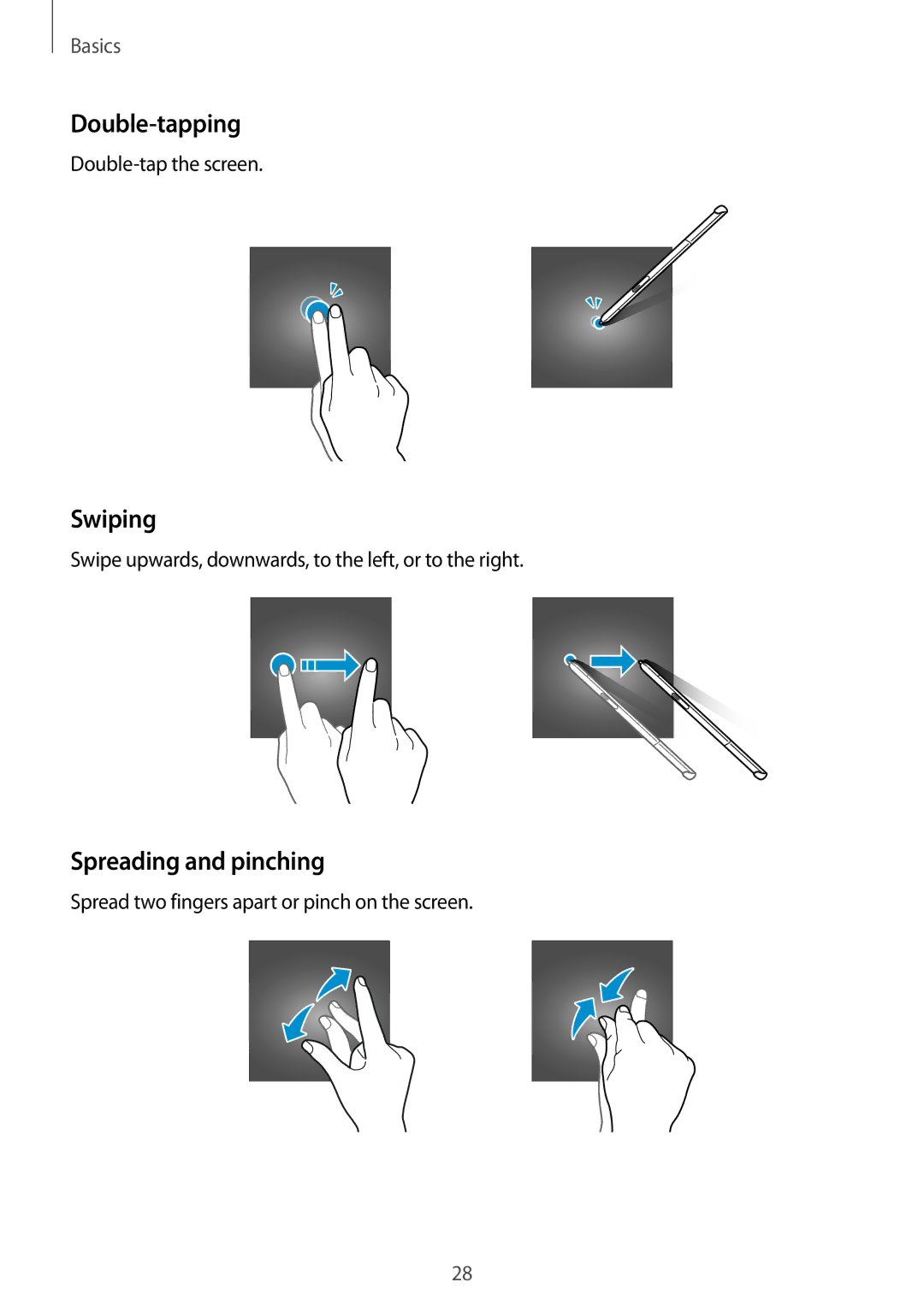 Samsung SM-P550NZWAMXO, SM-P550NZKALUX, SM-P550NZWACHN, SM-P550NZWAXNZ manual Double-tapping, Swiping, Spreading and pinching 