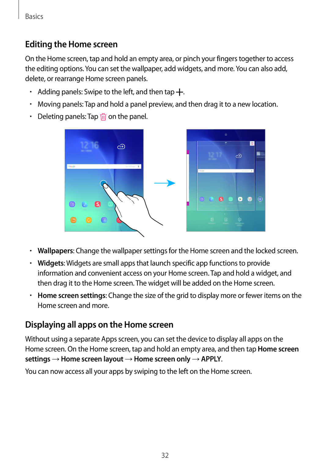 Samsung SM-P550NZWAXEF, SM-P550NZKALUX, SM-P550NZWACHN manual Editing the Home screen, Displaying all apps on the Home screen 