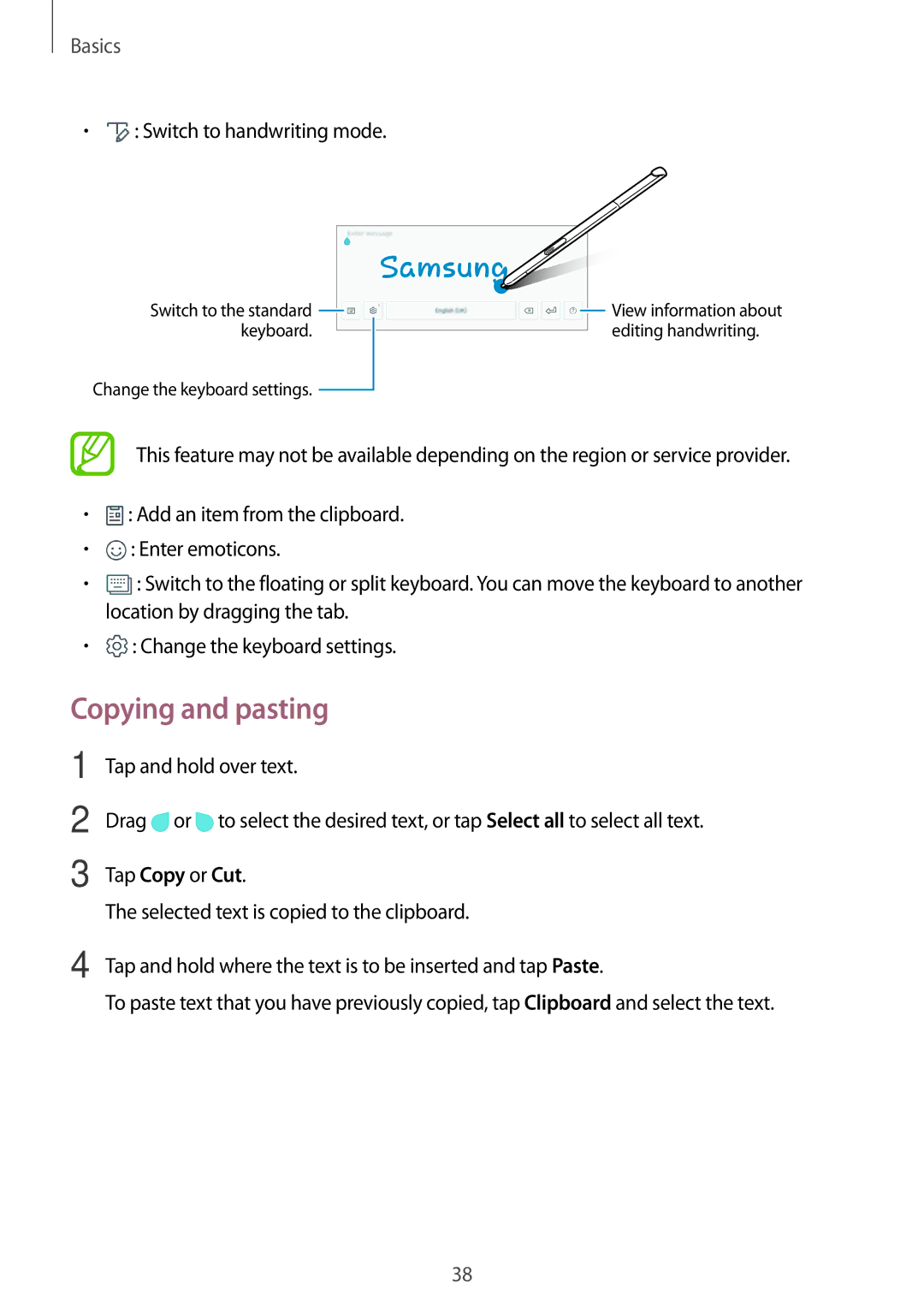 Samsung SM-T550NZKAXEO, SM-P550NZKALUX, SM-P550NZWACHN, SM-P550NZWAXNZ manual Copying and pasting, Switch to handwriting mode 