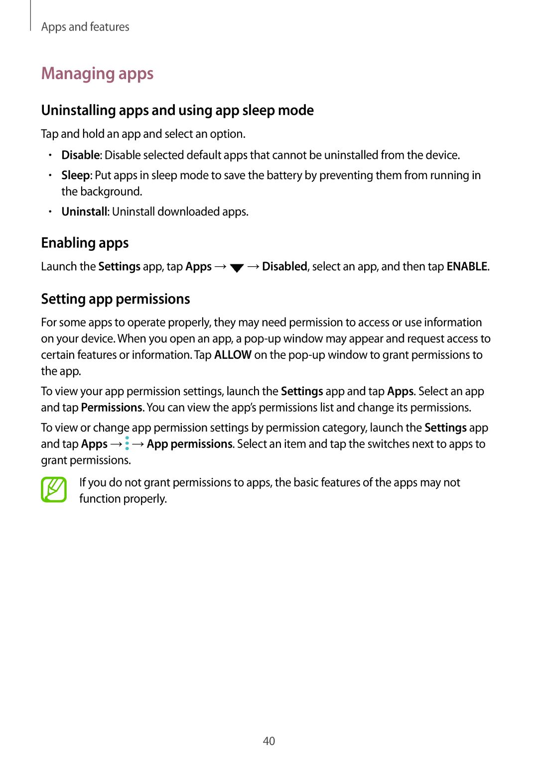 Samsung SM-T550NZWAITV Managing apps, Uninstalling apps and using app sleep mode, Enabling apps, Setting app permissions 