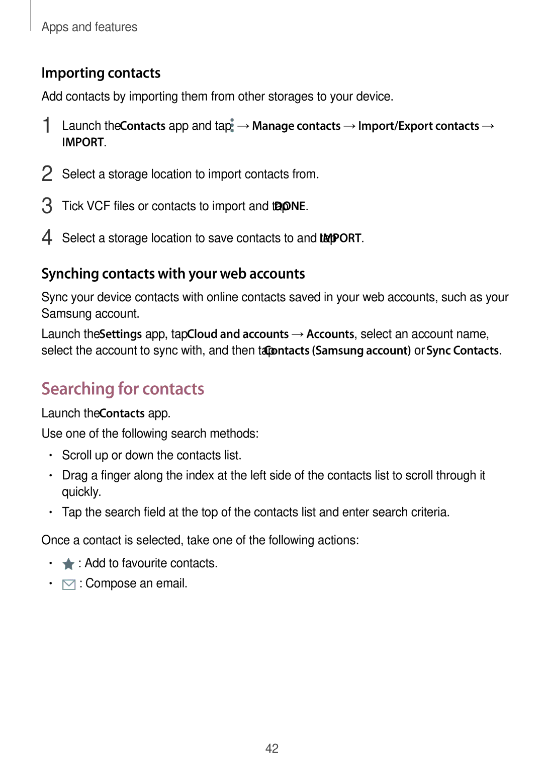 Samsung SM-T550NZKAAUT manual Searching for contacts, Importing contacts, Synching contacts with your web accounts 