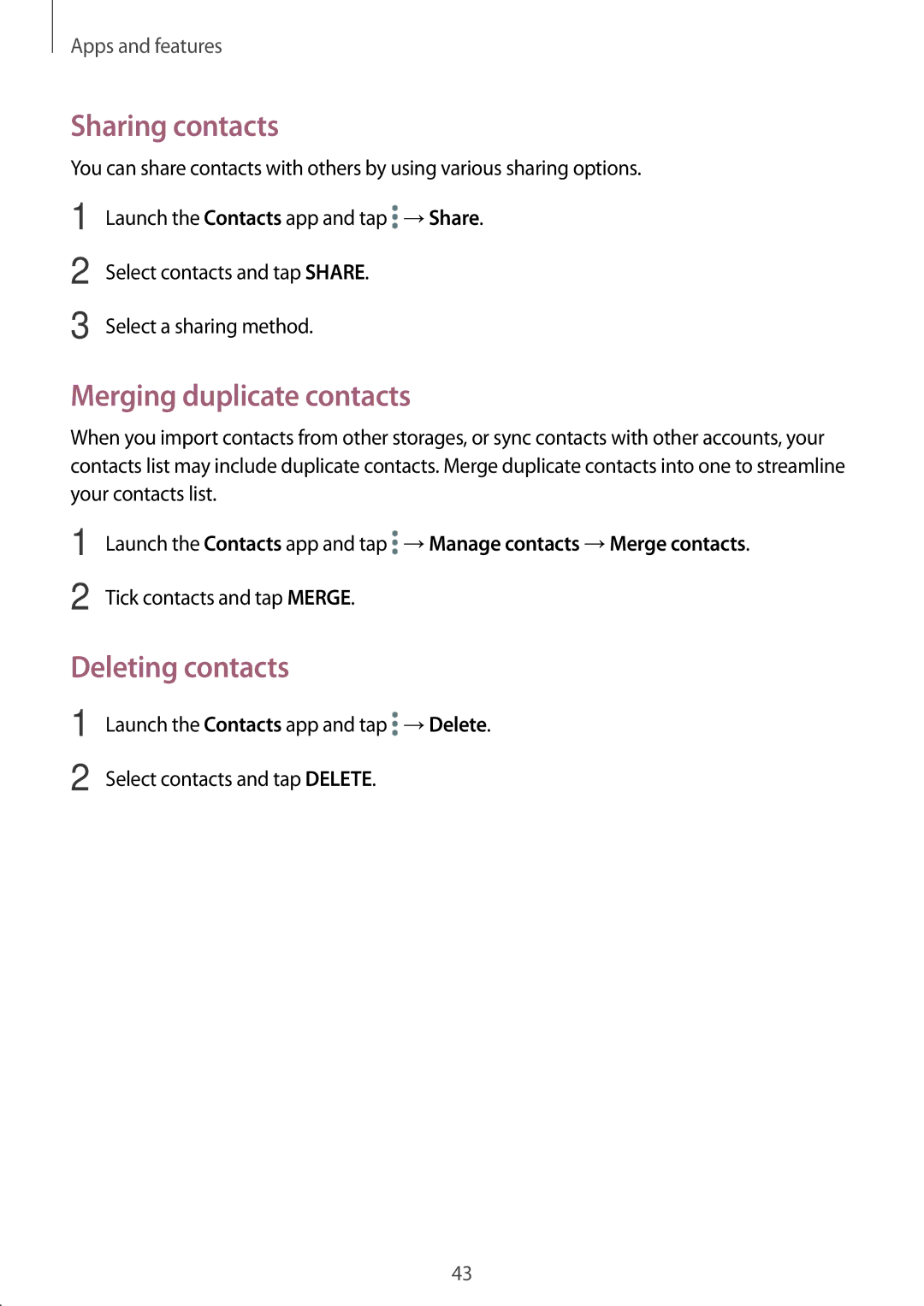 Samsung SM-T550NZKALUX, SM-P550NZKALUX, SM-P550NZWACHN manual Sharing contacts, Merging duplicate contacts, Deleting contacts 