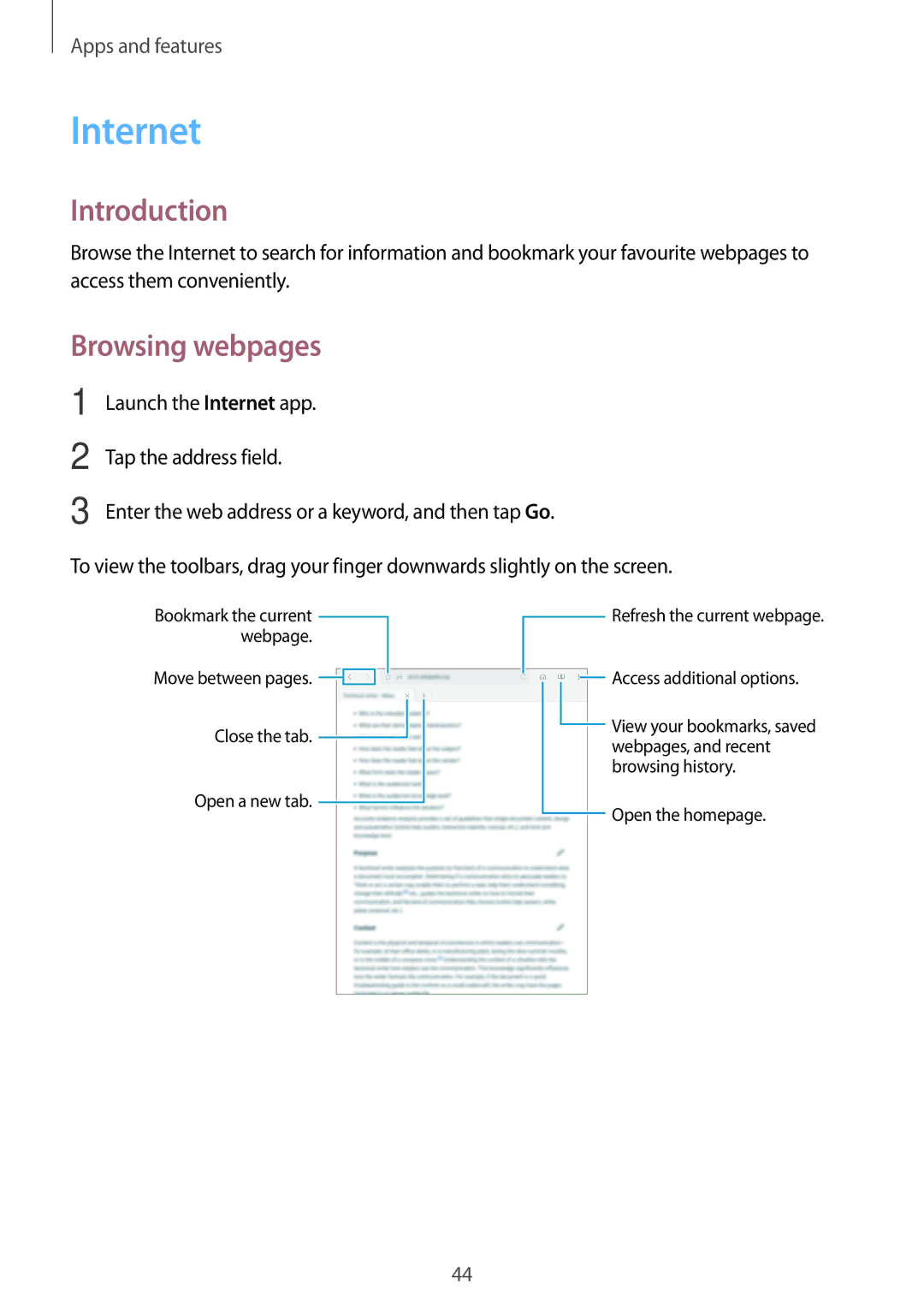 Samsung SM-T550NZKAPHE, SM-P550NZKALUX, SM-P550NZWACHN, SM-P550NZWAXNZ, SM-P550NZWATUR manual Internet, Browsing webpages 