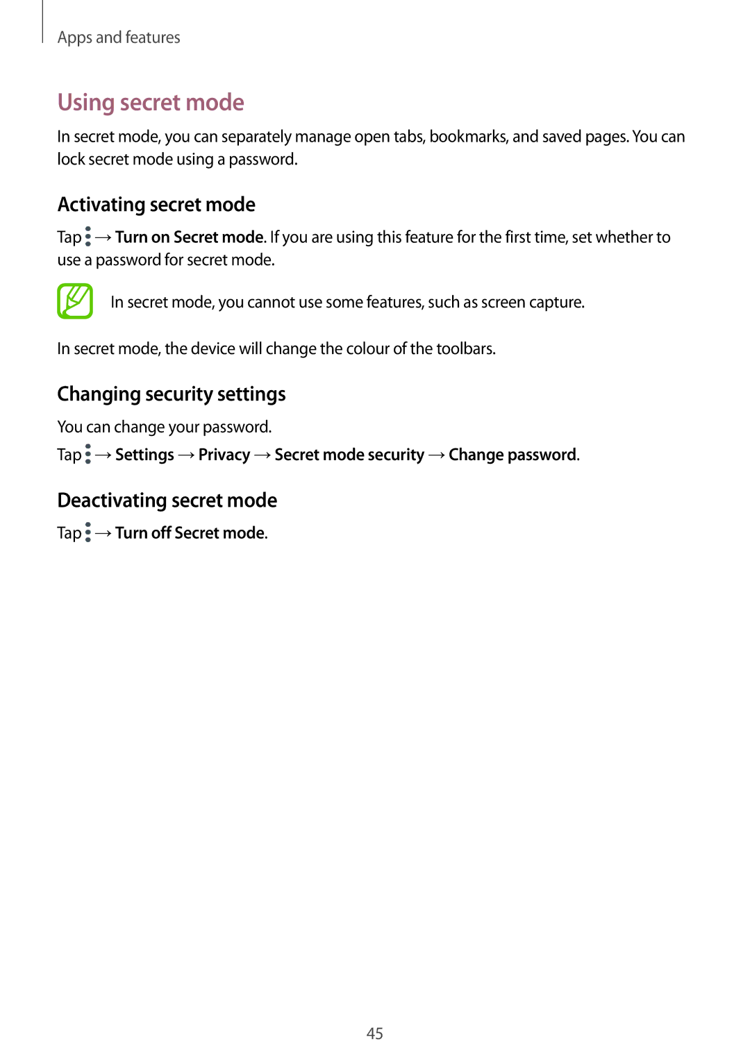 Samsung SM-T550NZWAPHE Using secret mode, Activating secret mode, Changing security settings, Deactivating secret mode 