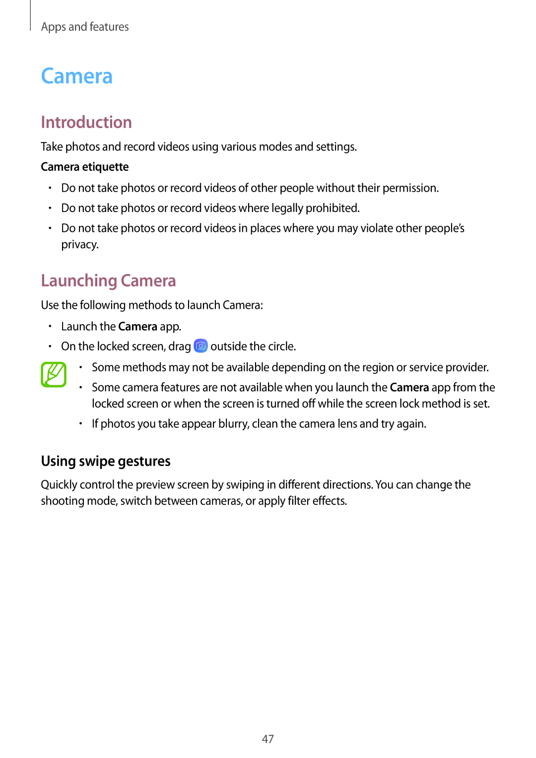 Samsung SM-P550NZAAKSA, SM-P550NZKALUX, SM-P550NZWACHN manual Launching Camera, Using swipe gestures, Camera etiquette 