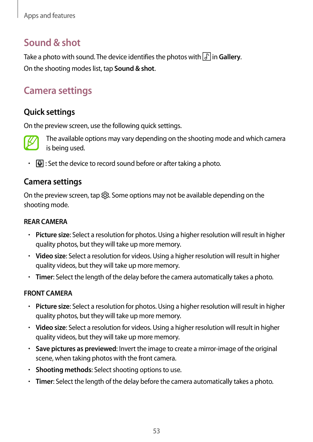 Samsung SM-T550NZWABGL, SM-P550NZKALUX, SM-P550NZWACHN, SM-P550NZWAXNZ manual Sound & shot, Camera settings, Quick settings 