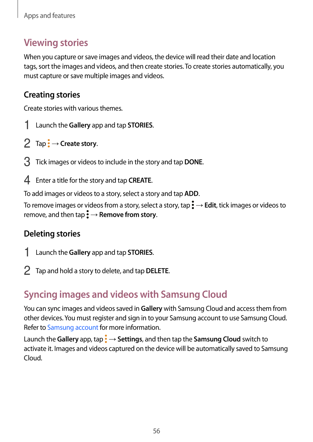 Samsung SM2T550NZKAXEZ Viewing stories, Syncing images and videos with Samsung Cloud, Creating stories, Deleting stories 