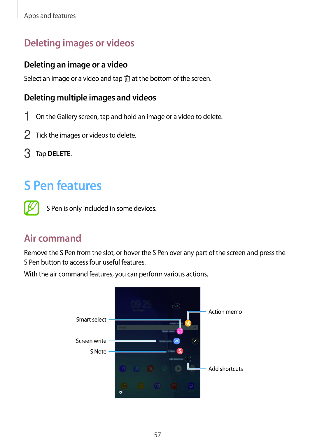 Samsung SM-T550NZWAEUR, SM-P550NZKALUX Pen features, Deleting images or videos, Air command, Deleting an image or a video 