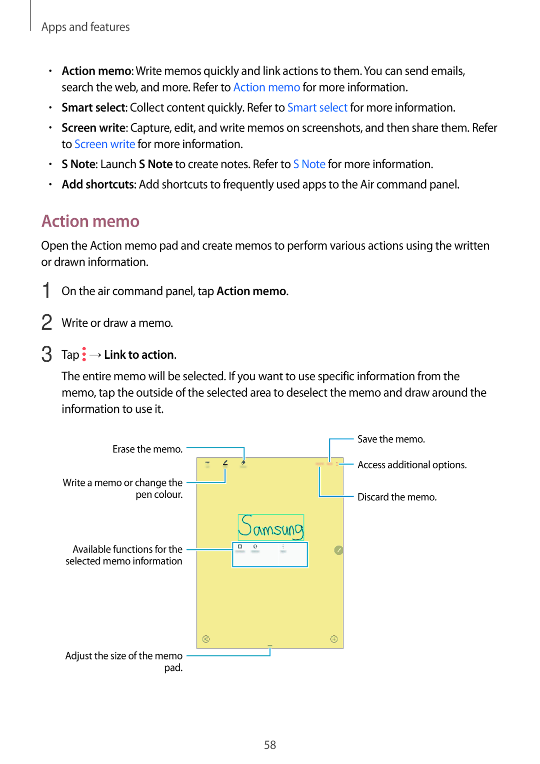 Samsung SM-T550NZKAXEZ, SM-P550NZKALUX, SM-P550NZWACHN, SM-P550NZWAXNZ, SM-P550NZWATUR manual Action memo, Tap →Link to action 