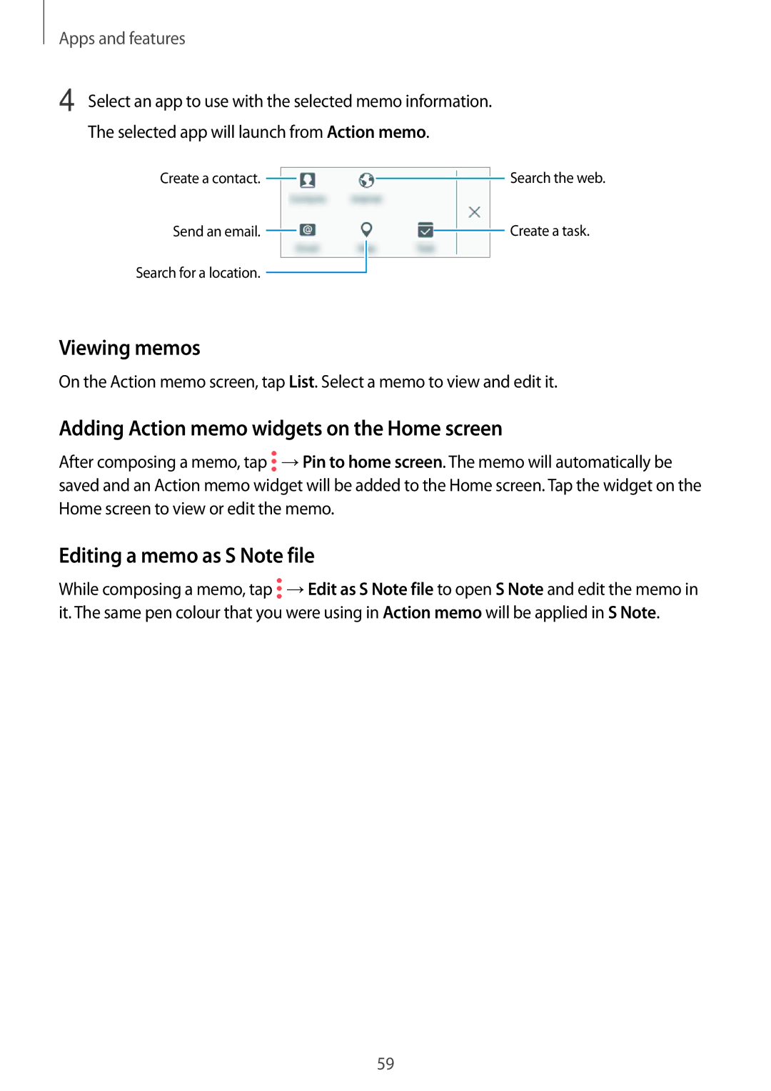 Samsung SM2T550NZKAXSK manual Viewing memos, Adding Action memo widgets on the Home screen, Editing a memo as S Note file 