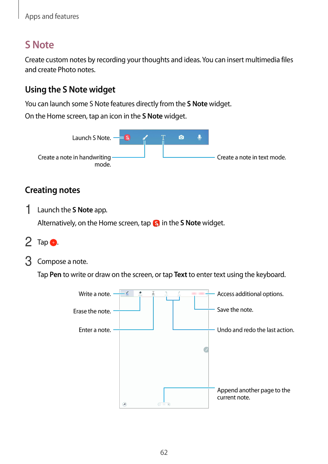 Samsung SM-T550NZWAXEH, SM-P550NZKALUX, SM-P550NZWACHN, SM-P550NZWAXNZ manual Using the S Note widget, Creating notes 
