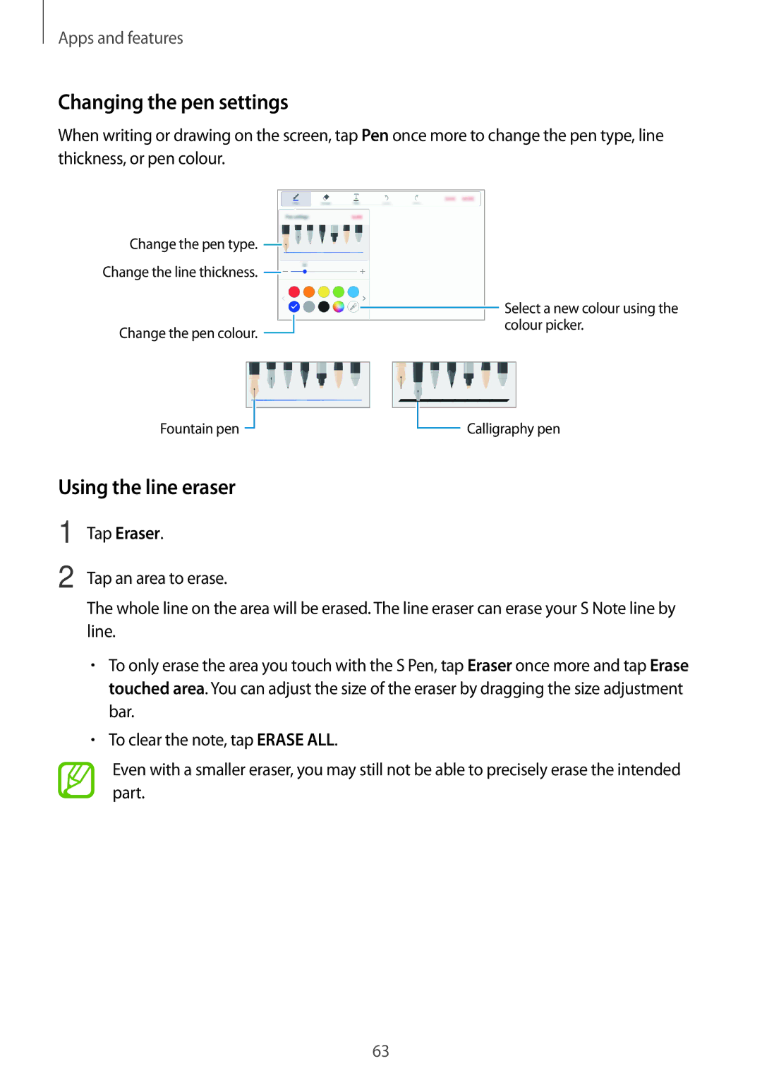 Samsung SM-T550NZKAXEH, SM-P550NZKALUX, SM-P550NZWACHN manual Changing the pen settings, Using the line eraser, Tap Eraser 