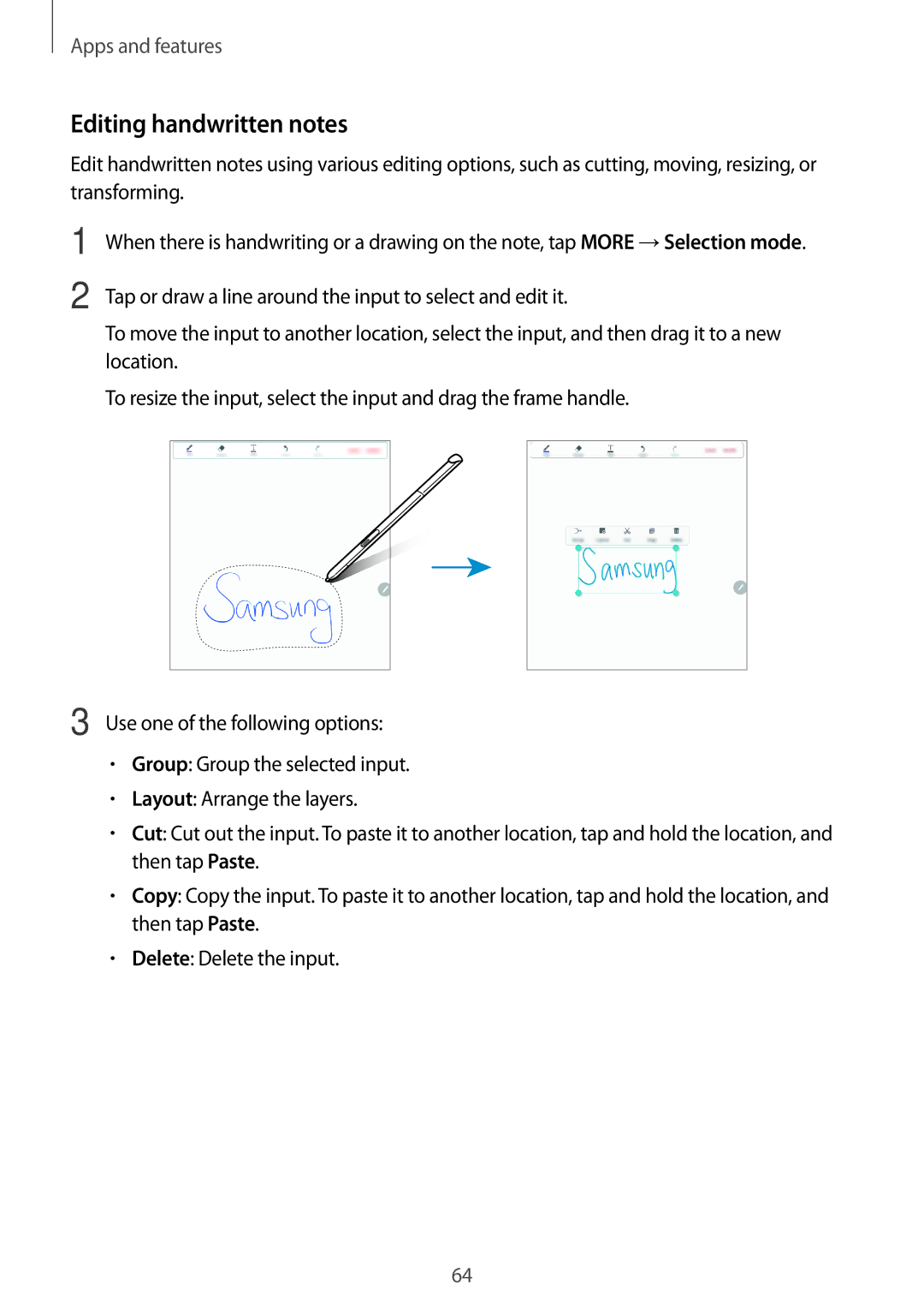 Samsung SM-T550NZWAXSK, SM-P550NZKALUX, SM-P550NZWACHN, SM-P550NZWAXNZ, SM-P550NZWATUR manual Editing handwritten notes 