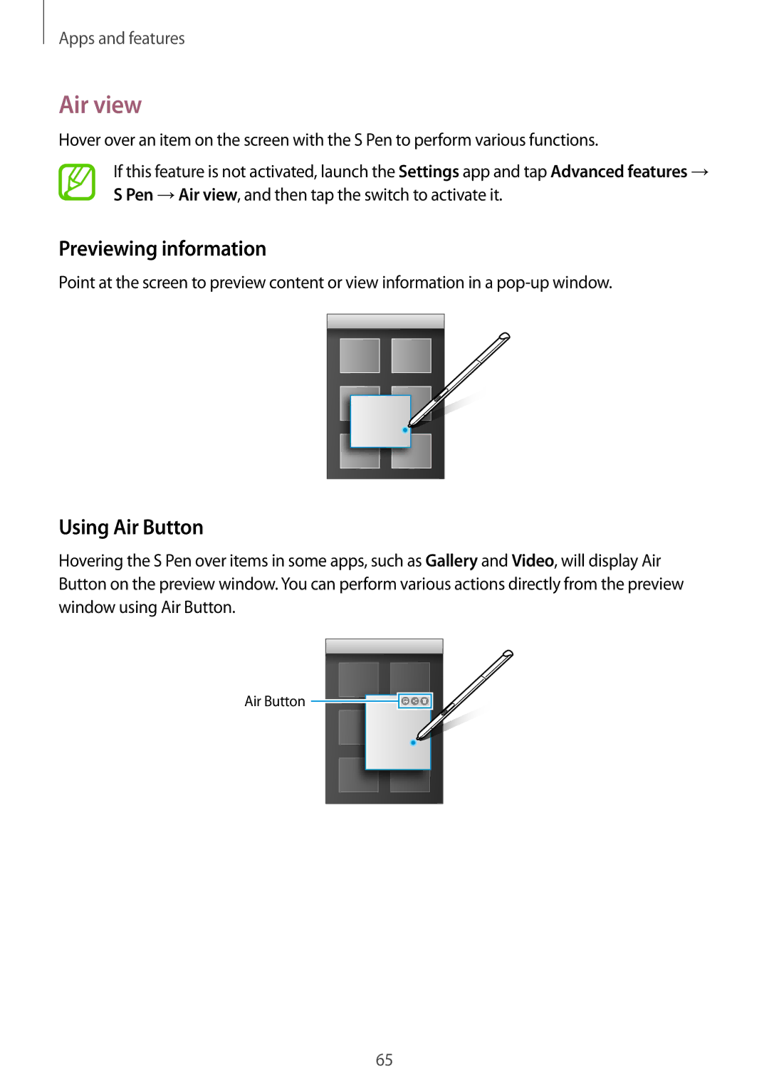 Samsung SM-T550NZWAXEZ, SM-P550NZKALUX, SM-P550NZWACHN, SM-P550NZWAXNZ Air view, Previewing information, Using Air Button 