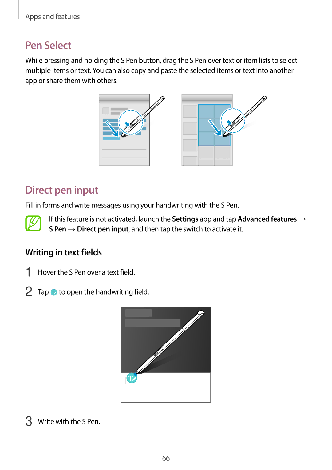Samsung SM-T550NZWAATO, SM-P550NZKALUX, SM-P550NZWACHN, SM-P550NZWAXNZ Pen Select, Direct pen input, Writing in text fields 