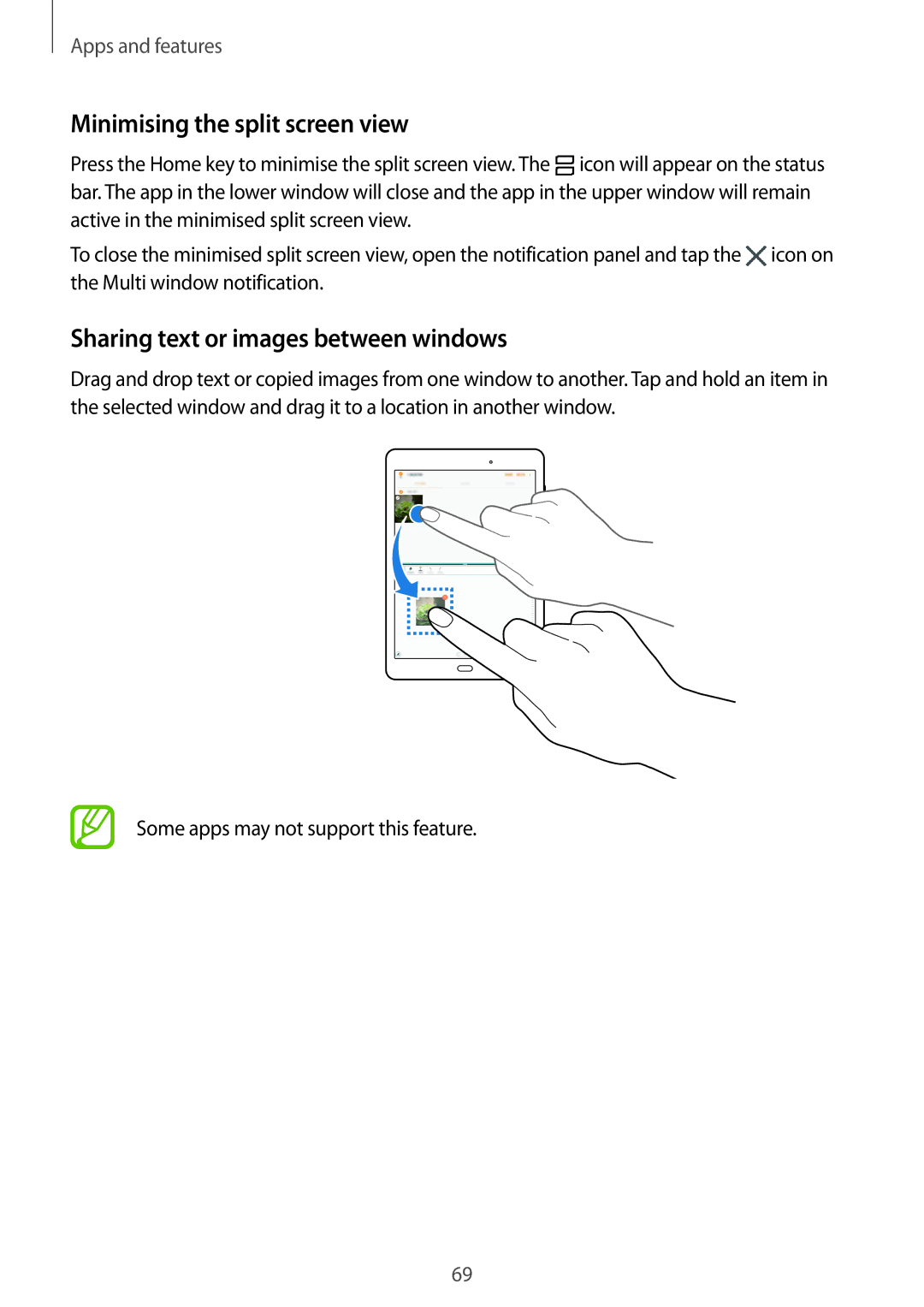 Samsung SM-P550NZAANEE, SM-P550NZKALUX manual Minimising the split screen view, Sharing text or images between windows 