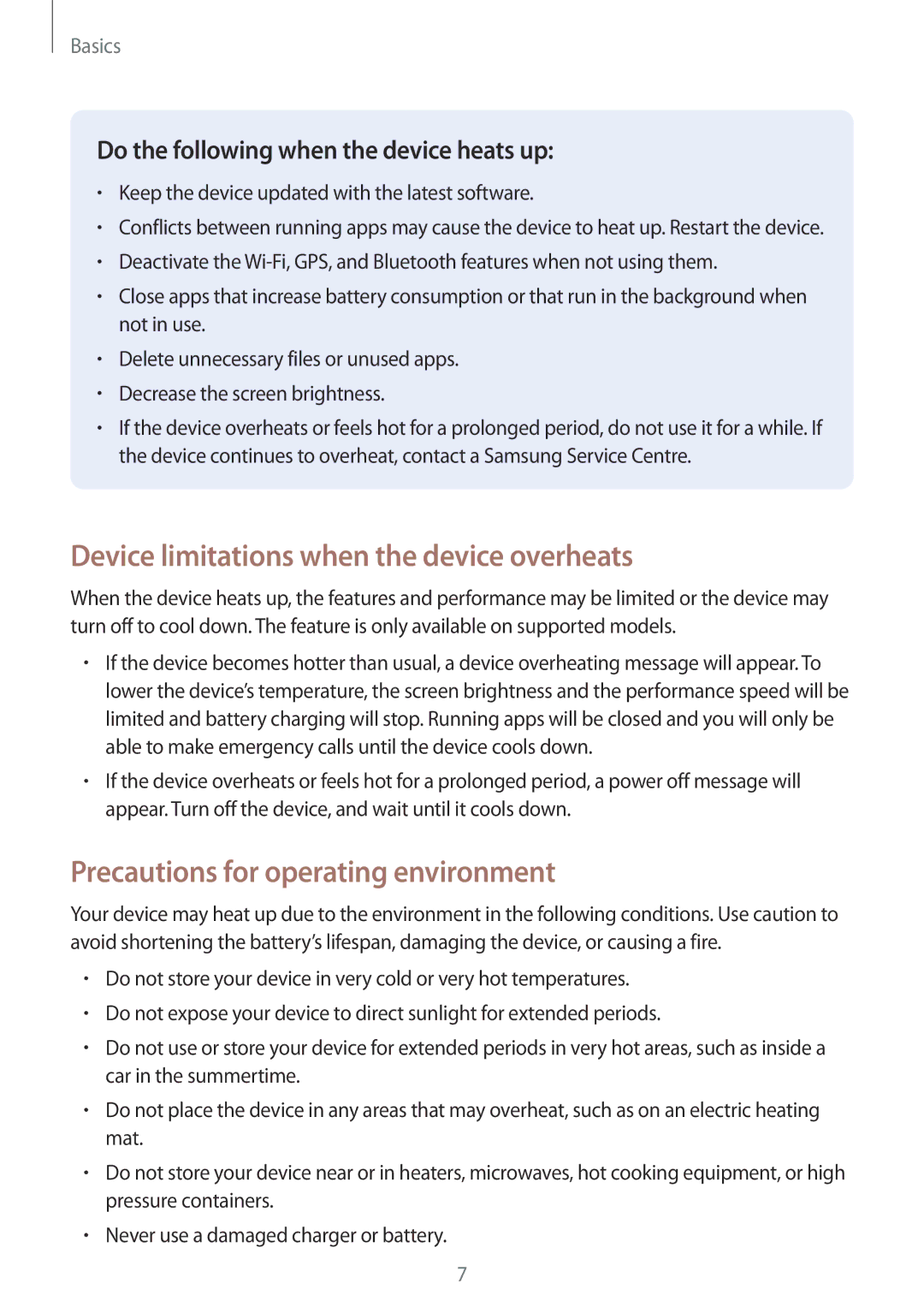 Samsung SM-P550NZWADBT, SM-P550NZKALUX Device limitations when the device overheats, Precautions for operating environment 