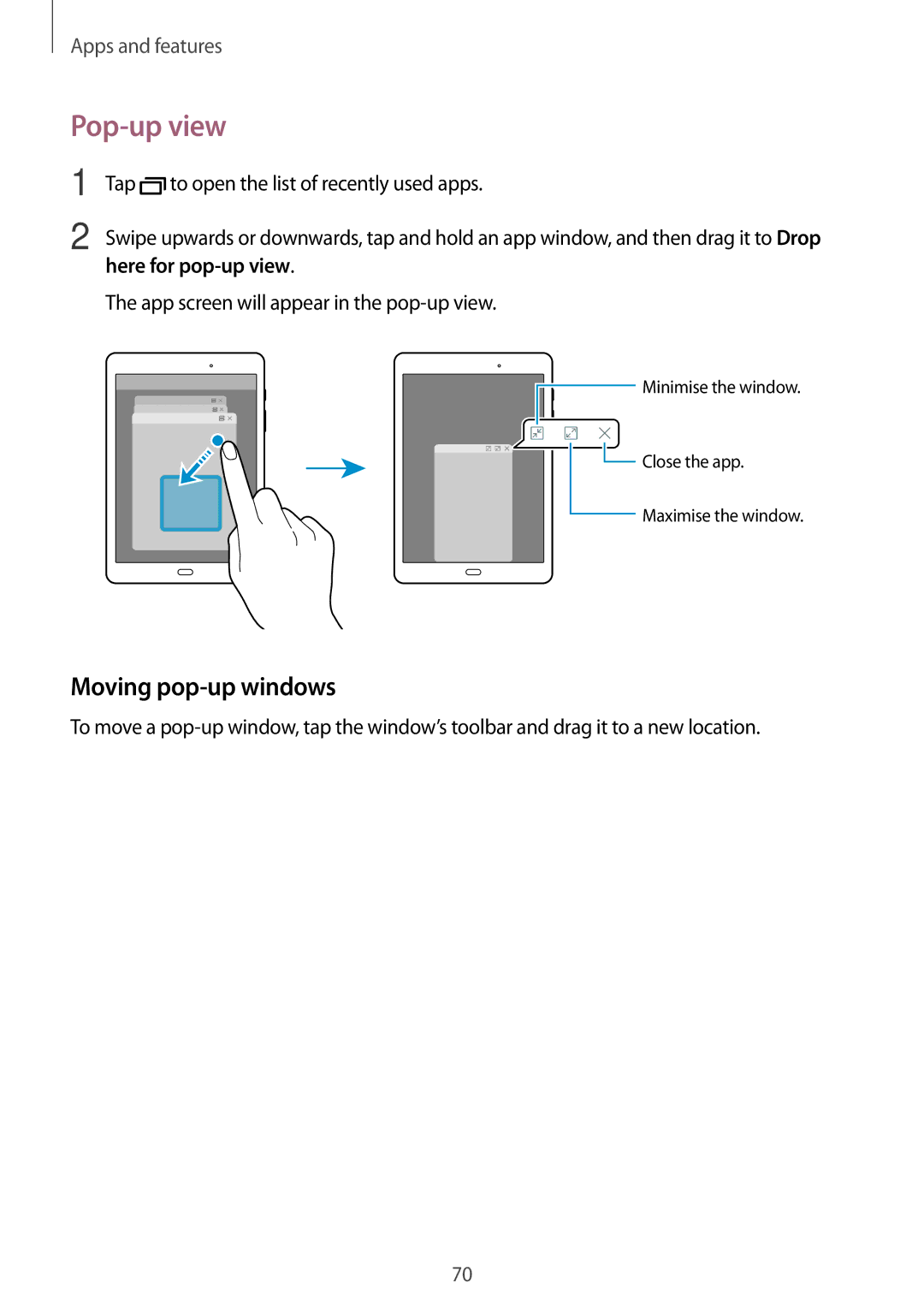 Samsung SM-P550NZBANEE, SM-P550NZKALUX, SM-P550NZWACHN manual Pop-up view, Moving pop-up windows, Here for pop-up view 