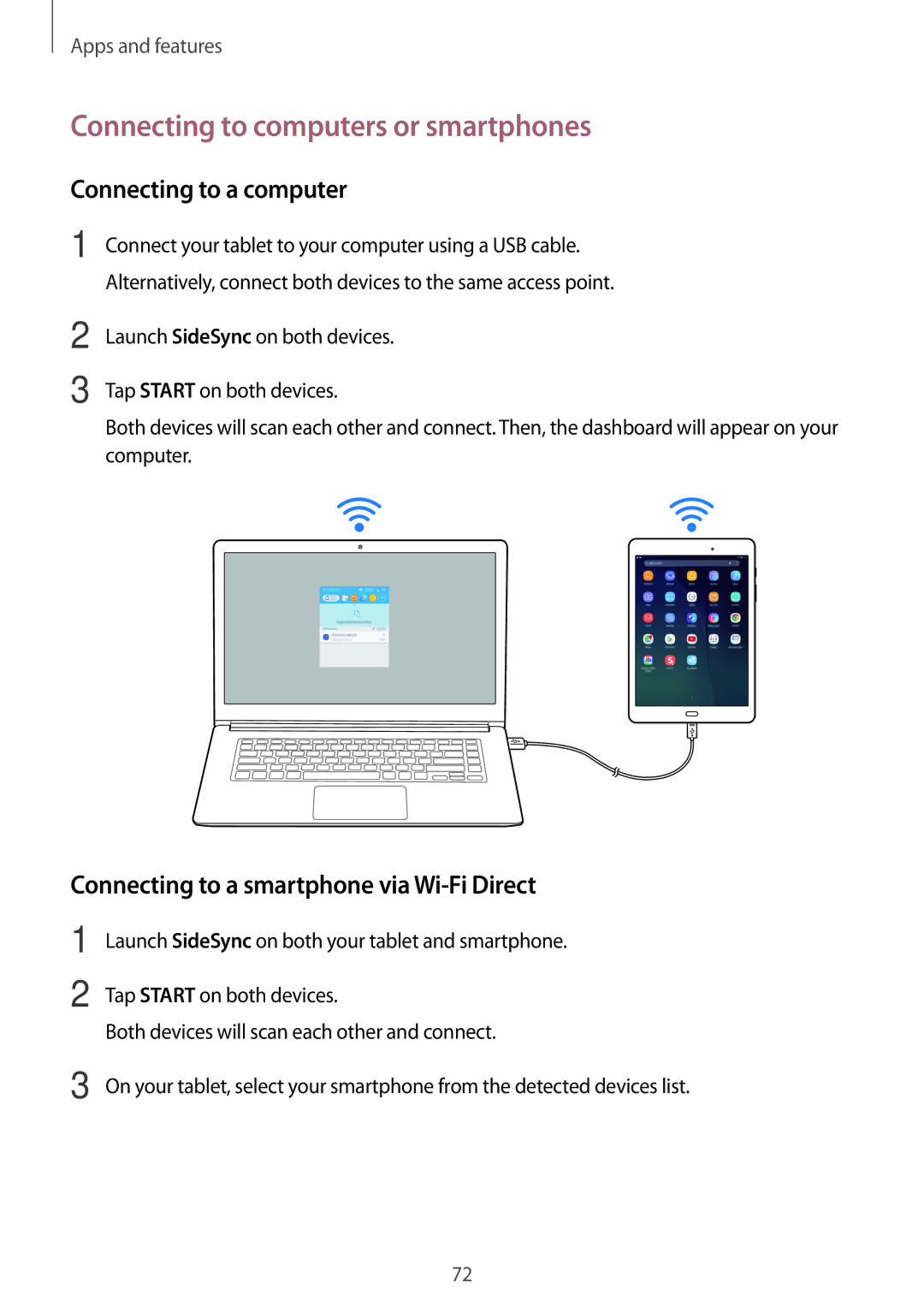 Samsung SM-T550NZWASEB, SM-P550NZKALUX, SM-P550NZWACHN Connecting to computers or smartphones, Connecting to a computer 