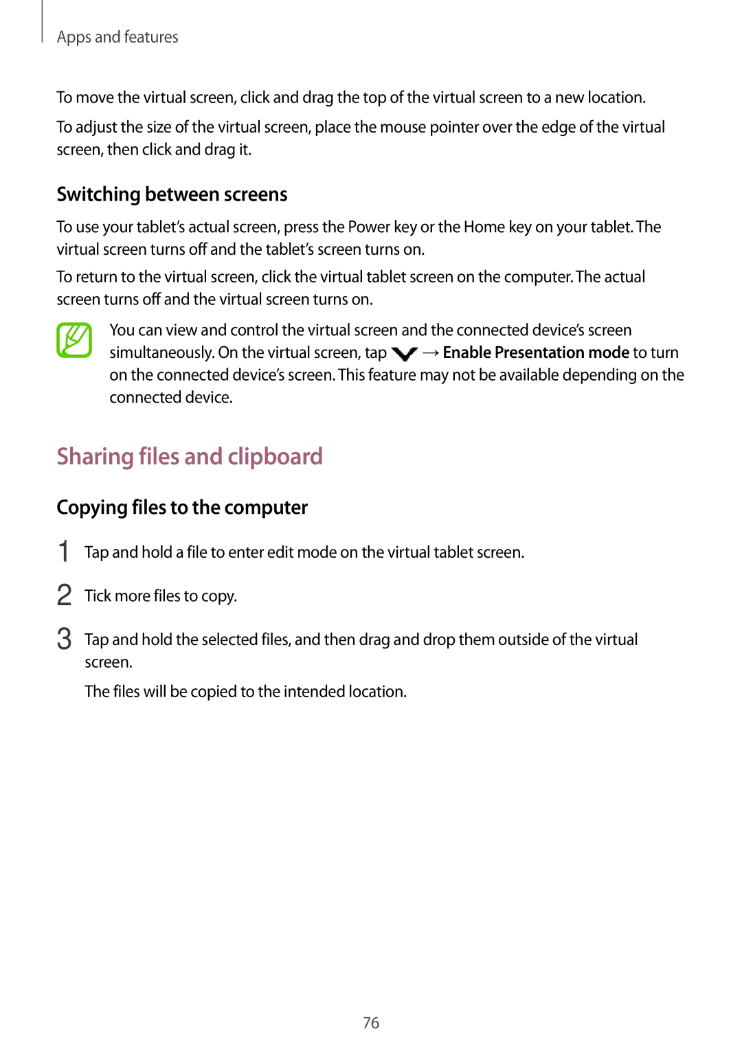 Samsung SM-T350NZKAILO manual Sharing files and clipboard, Switching between screens, Copying files to the computer 