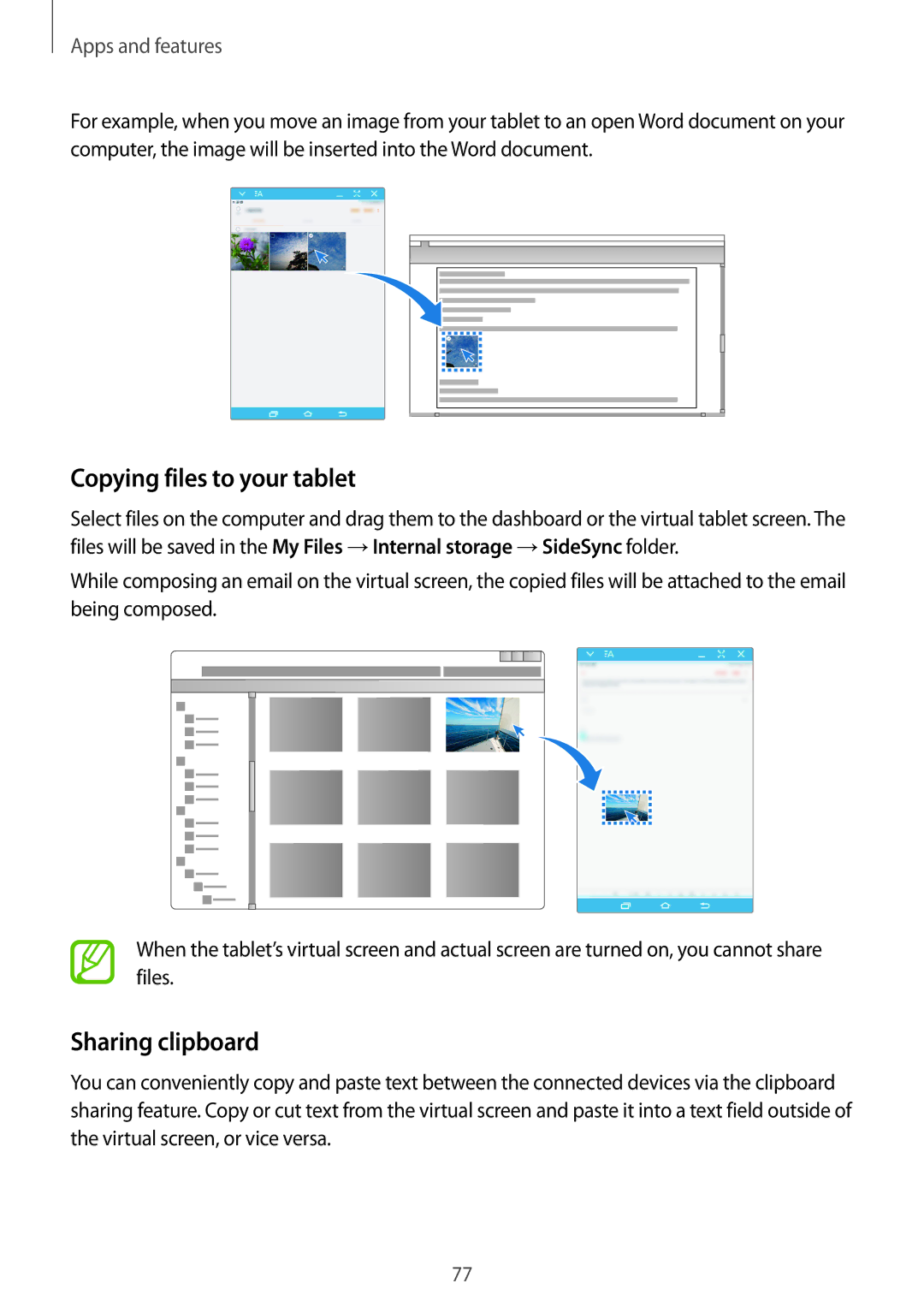 Samsung SM-T550NZKAILO, SM-P550NZKALUX, SM-P550NZWACHN, SM-P550NZWAXNZ manual Copying files to your tablet, Sharing clipboard 