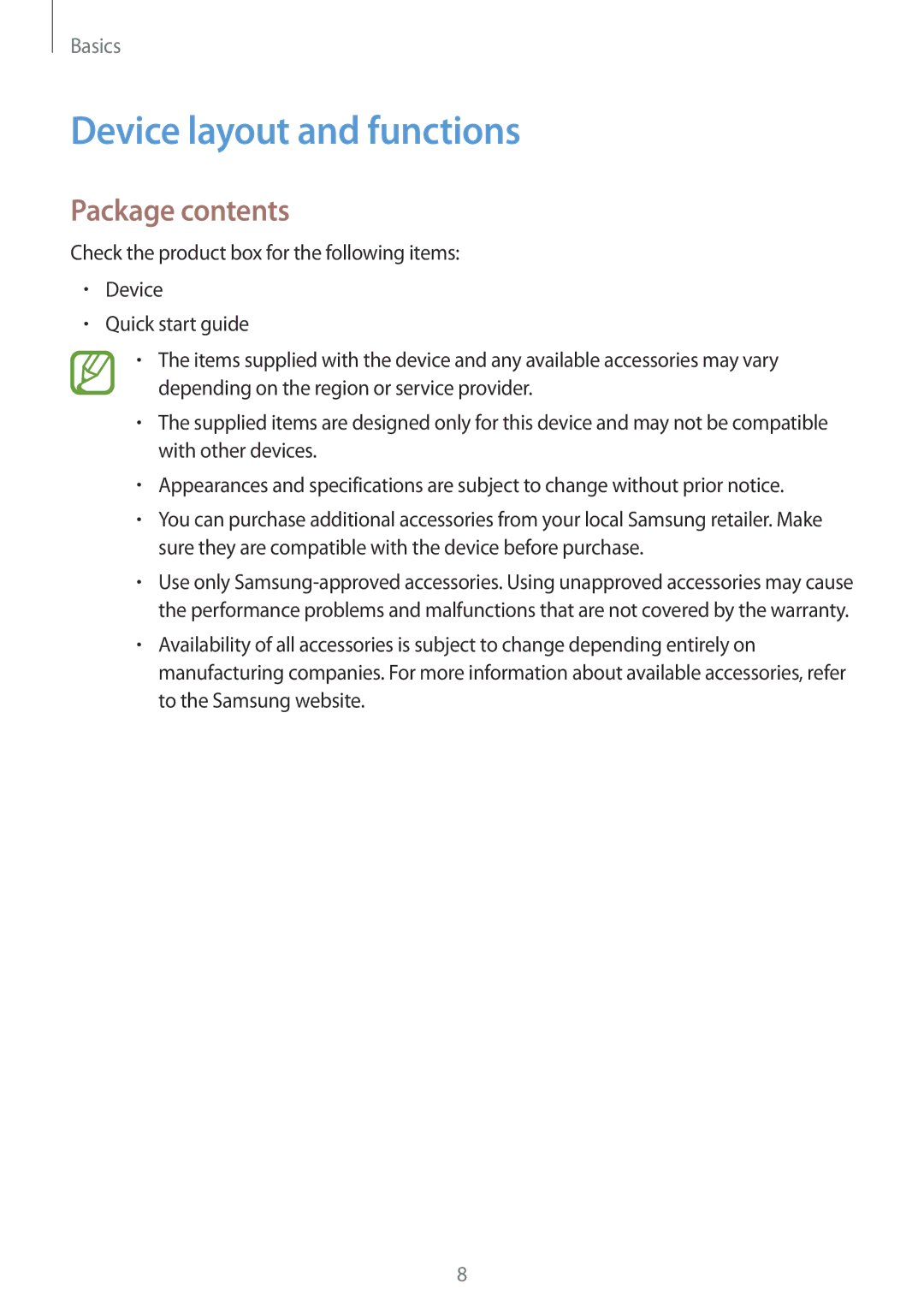 Samsung SM-P550NZKAROM, SM-P550NZKALUX, SM-P550NZWACHN, SM-P550NZWAXNZ manual Device layout and functions, Package contents 