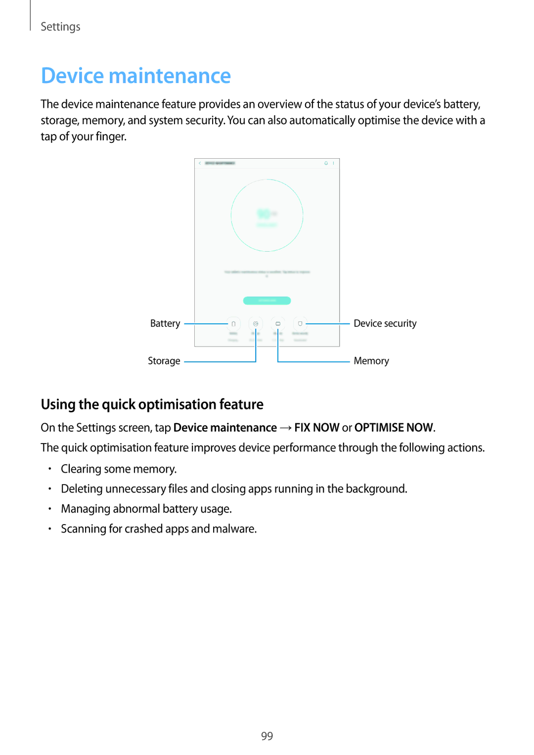 Samsung SM-P550NZAAXSP, SM-P550NZKALUX, SM-P550NZWACHN manual Device maintenance, Using the quick optimisation feature 