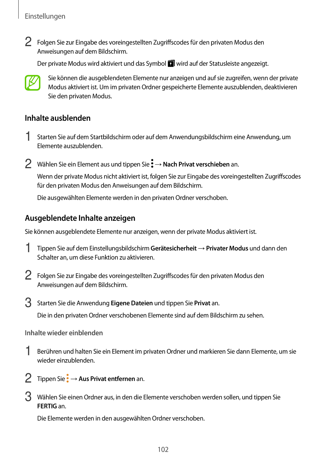 Samsung SM-P550NZKALUX manual Inhalte ausblenden, Ausgeblendete Inhalte anzeigen, Tippen Sie →Aus Privat entfernen an 
