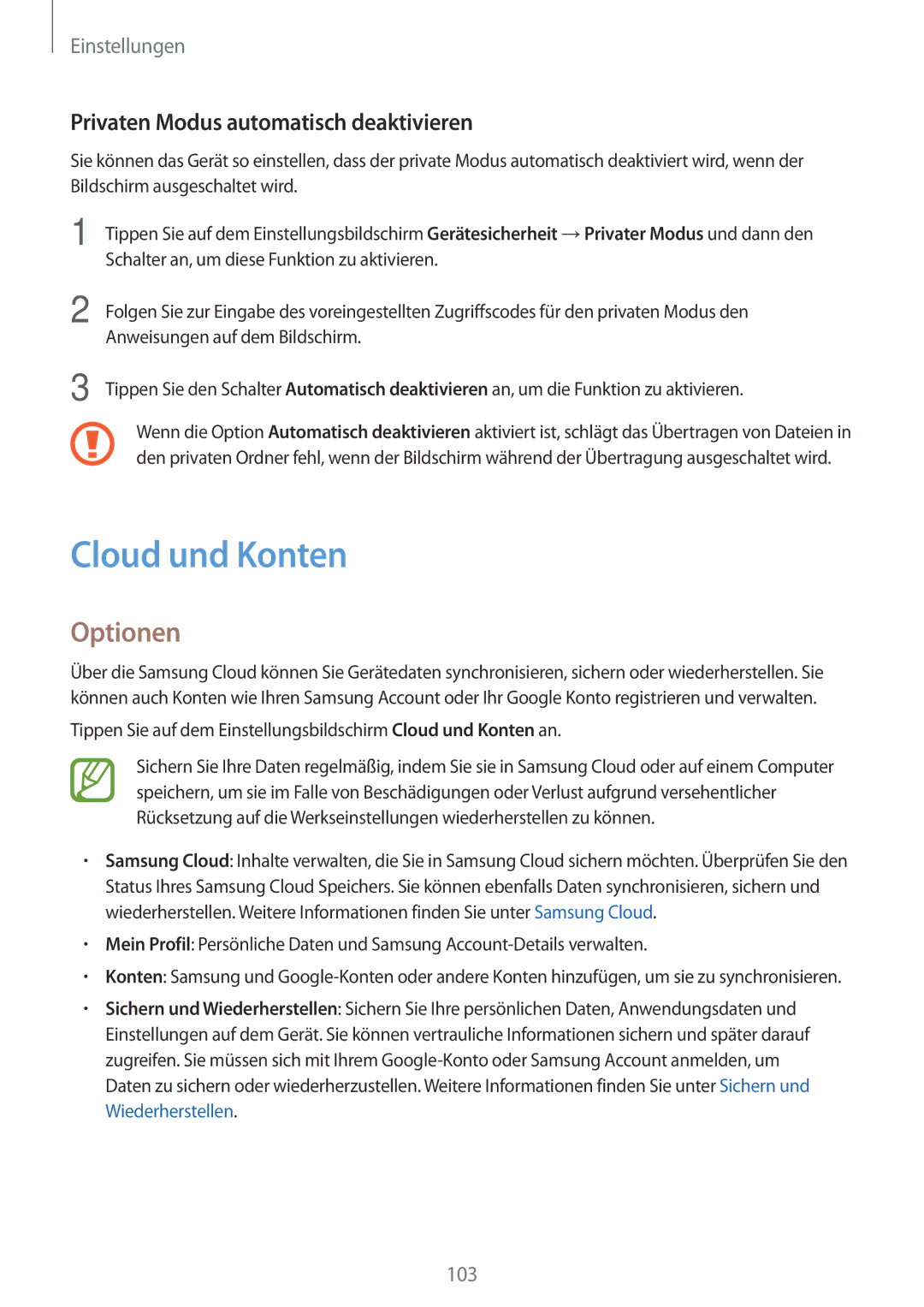 Samsung SM-P550NZWACHN, SM-P550NZKALUX, SM-P550NZWAXNZ manual Cloud und Konten, Privaten Modus automatisch deaktivieren 