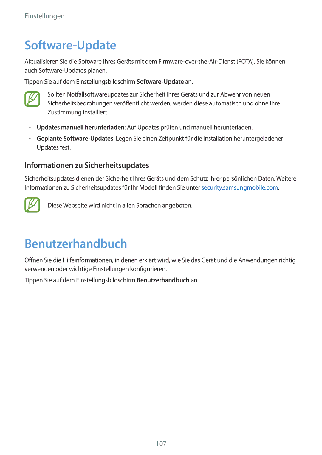 Samsung SM-P550NZKAMID, SM-P550NZKALUX manual Software-Update, Benutzerhandbuch, Informationen zu Sicherheitsupdates 