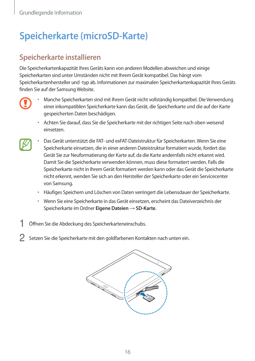 Samsung SM-T550NZWADBT, SM-P550NZKALUX, SM-P550NZWACHN manual Speicherkarte microSD-Karte, Speicherkarte installieren 