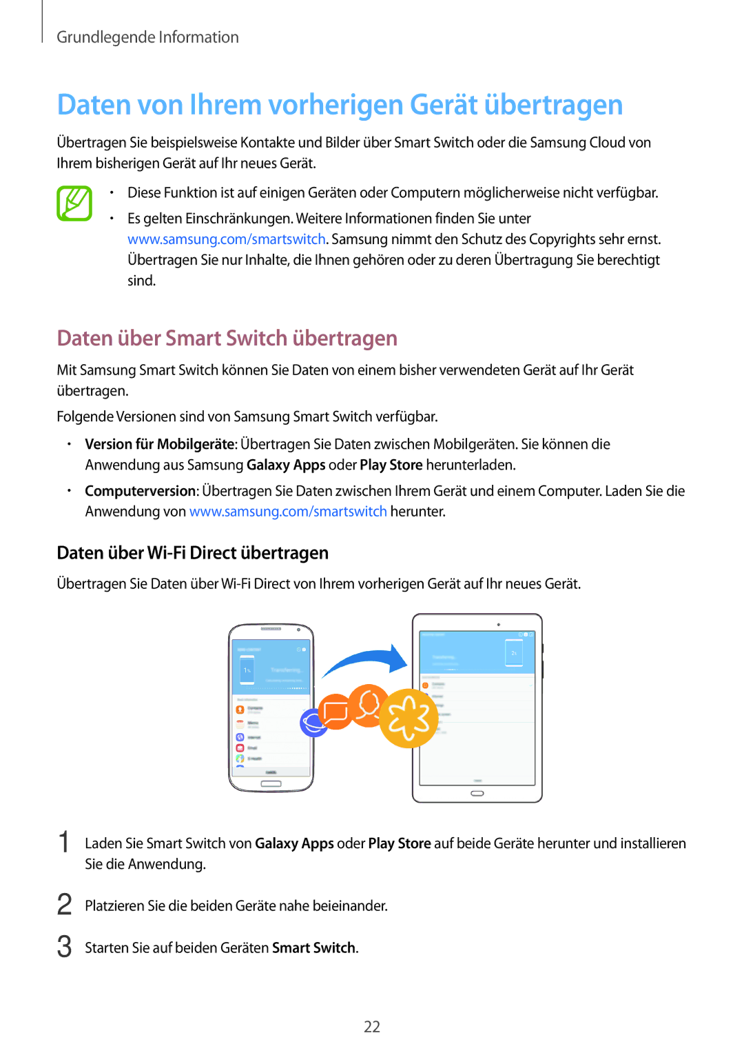 Samsung SM-P550NZAAXSA, SM-P550NZKALUX Daten von Ihrem vorherigen Gerät übertragen, Daten über Smart Switch übertragen 