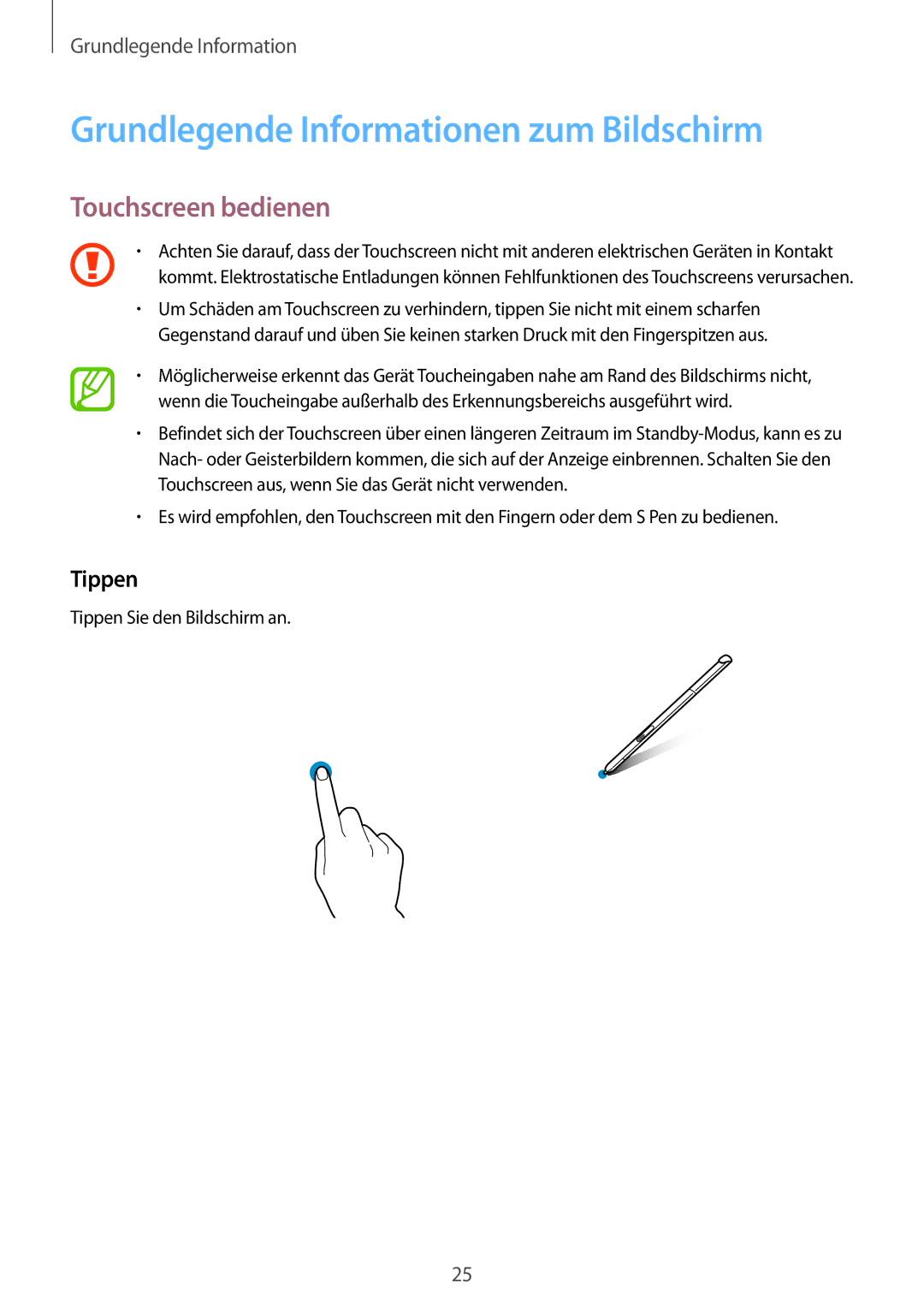 Samsung SM-P550NZKAEUR, SM-P550NZKALUX manual Grundlegende Informationen zum Bildschirm, Touchscreen bedienen, Tippen 