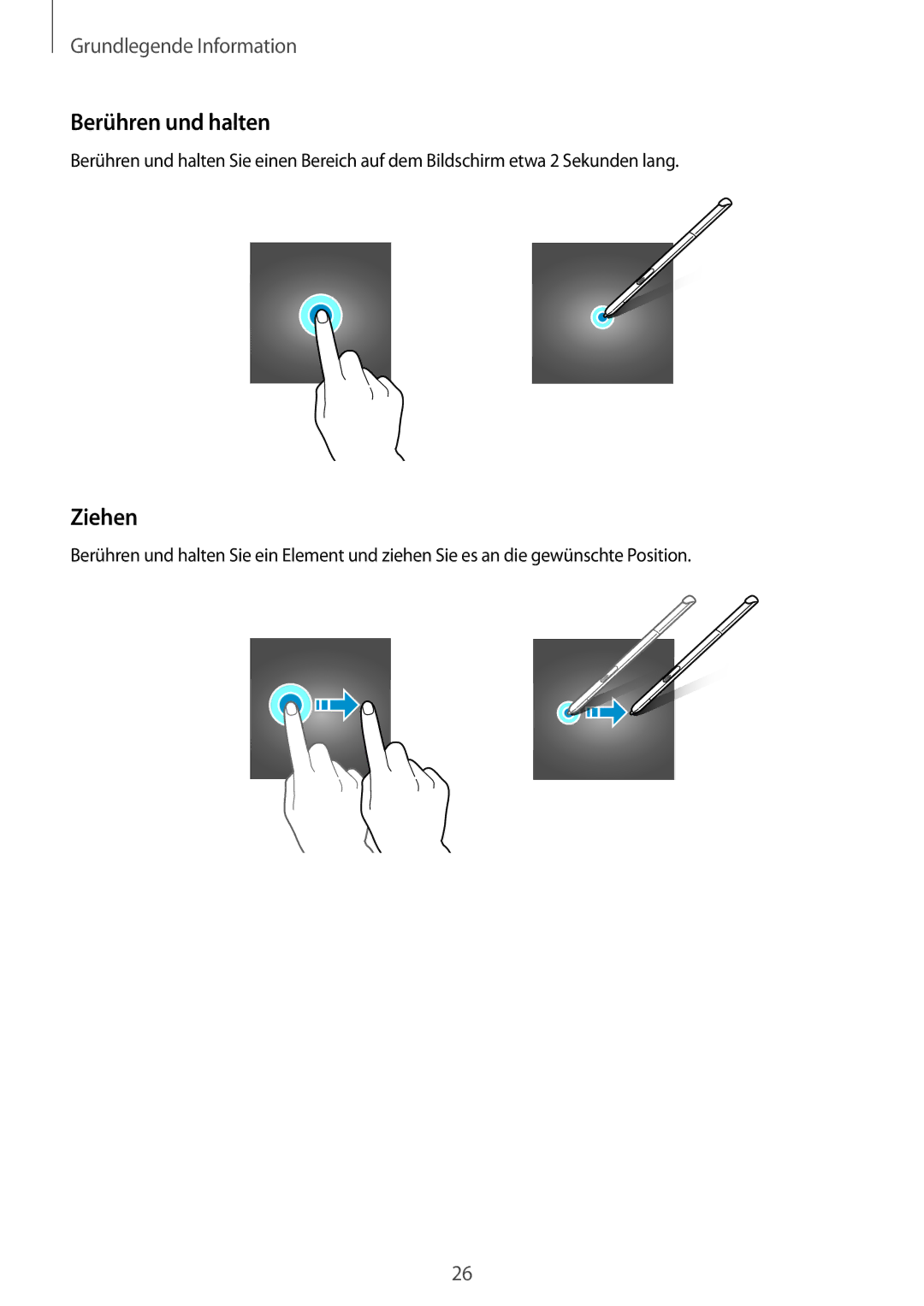 Samsung SM-P550NZAAXFA, SM-P550NZKALUX, SM-P550NZWACHN, SM-P550NZWAXNZ, SM-P550NZWATUR manual Berühren und halten, Ziehen 