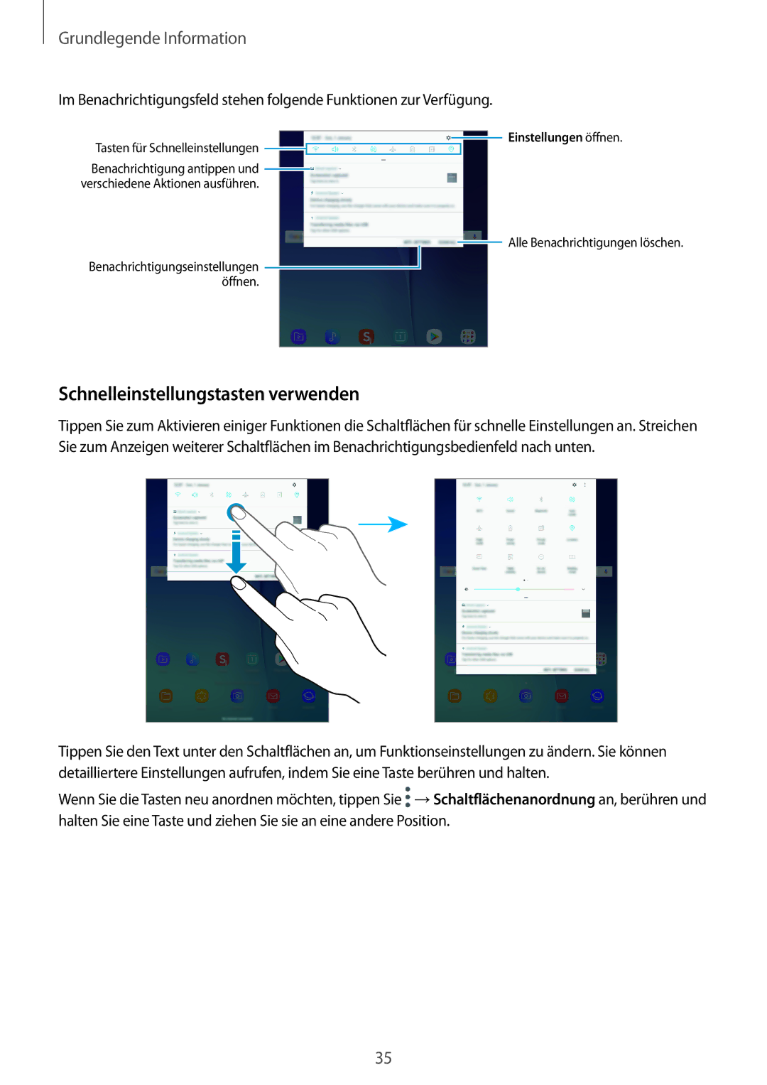 Samsung SM-P550NZWACHN, SM-P550NZKALUX, SM-P550NZWAXNZ Schnelleinstellungstasten verwenden, Tasten für Schnelleinstellungen 