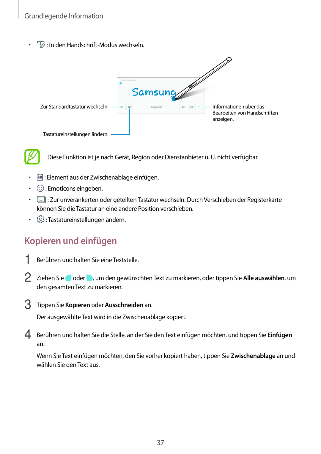 Samsung SM-P550NZWATUR Kopieren und einfügen, Den Handschrift-Modus wechseln, Tippen Sie Kopieren oder Ausschneiden an 