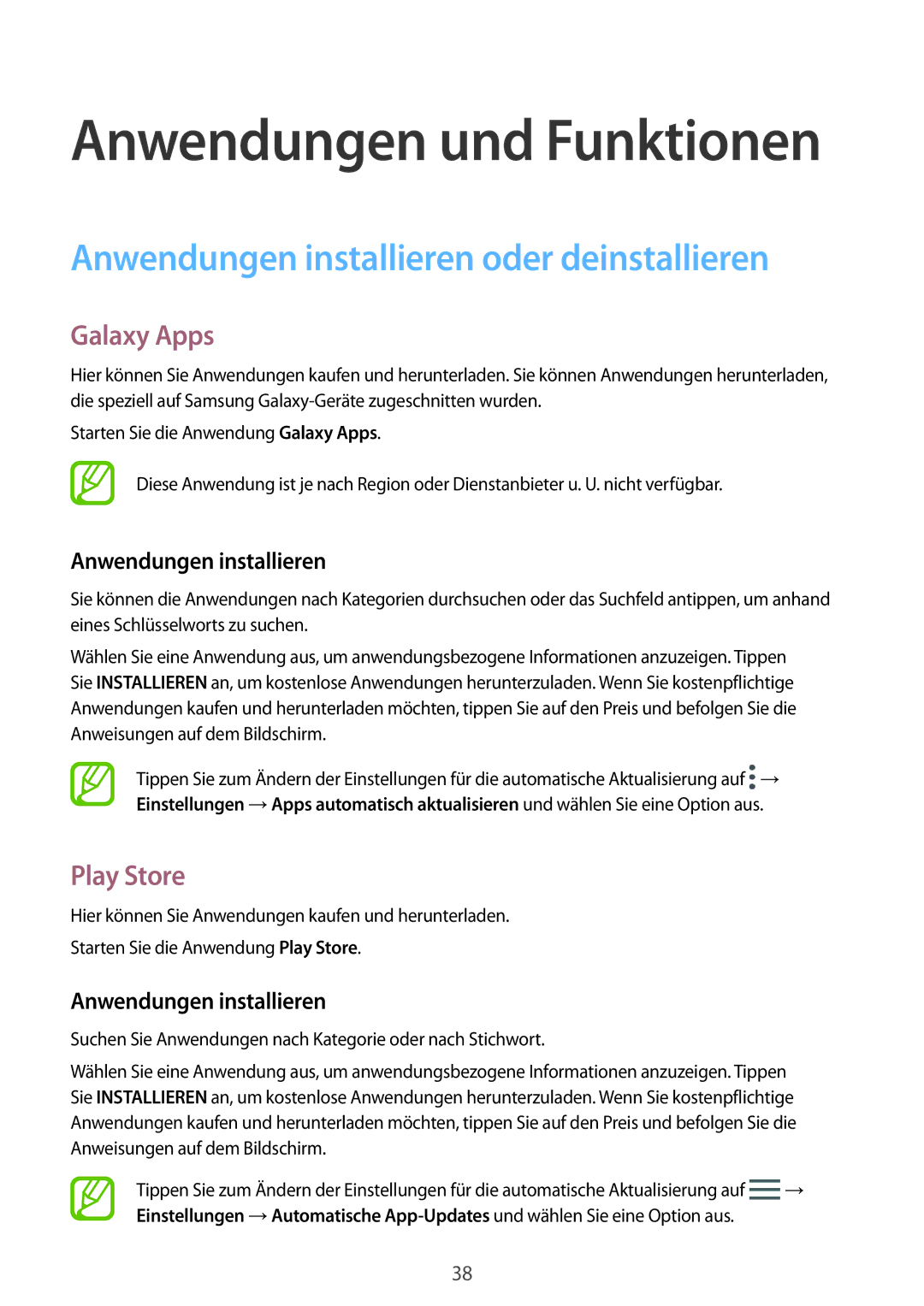 Samsung SM-P550NZKAXEZ, SM-P550NZKALUX manual Anwendungen installieren oder deinstallieren, Galaxy Apps, Play Store 