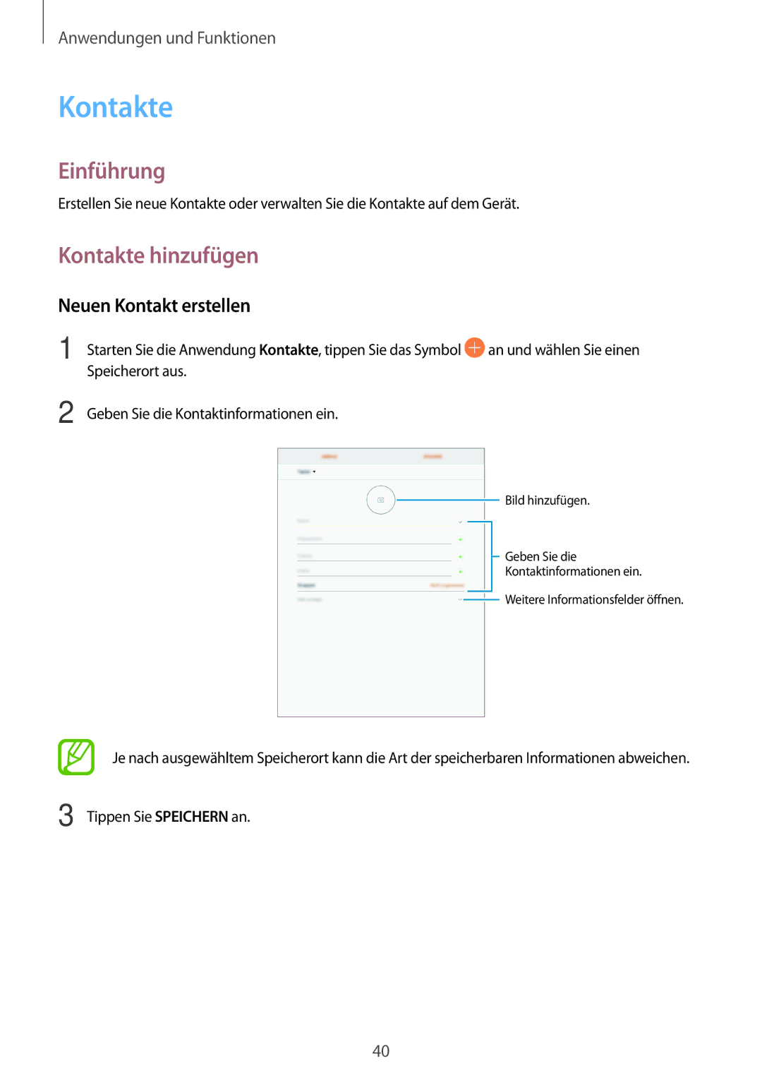 Samsung SM-P550NZKAATO, SM-P550NZKALUX manual Kontakte hinzufügen, Neuen Kontakt erstellen, Tippen Sie Speichern an 