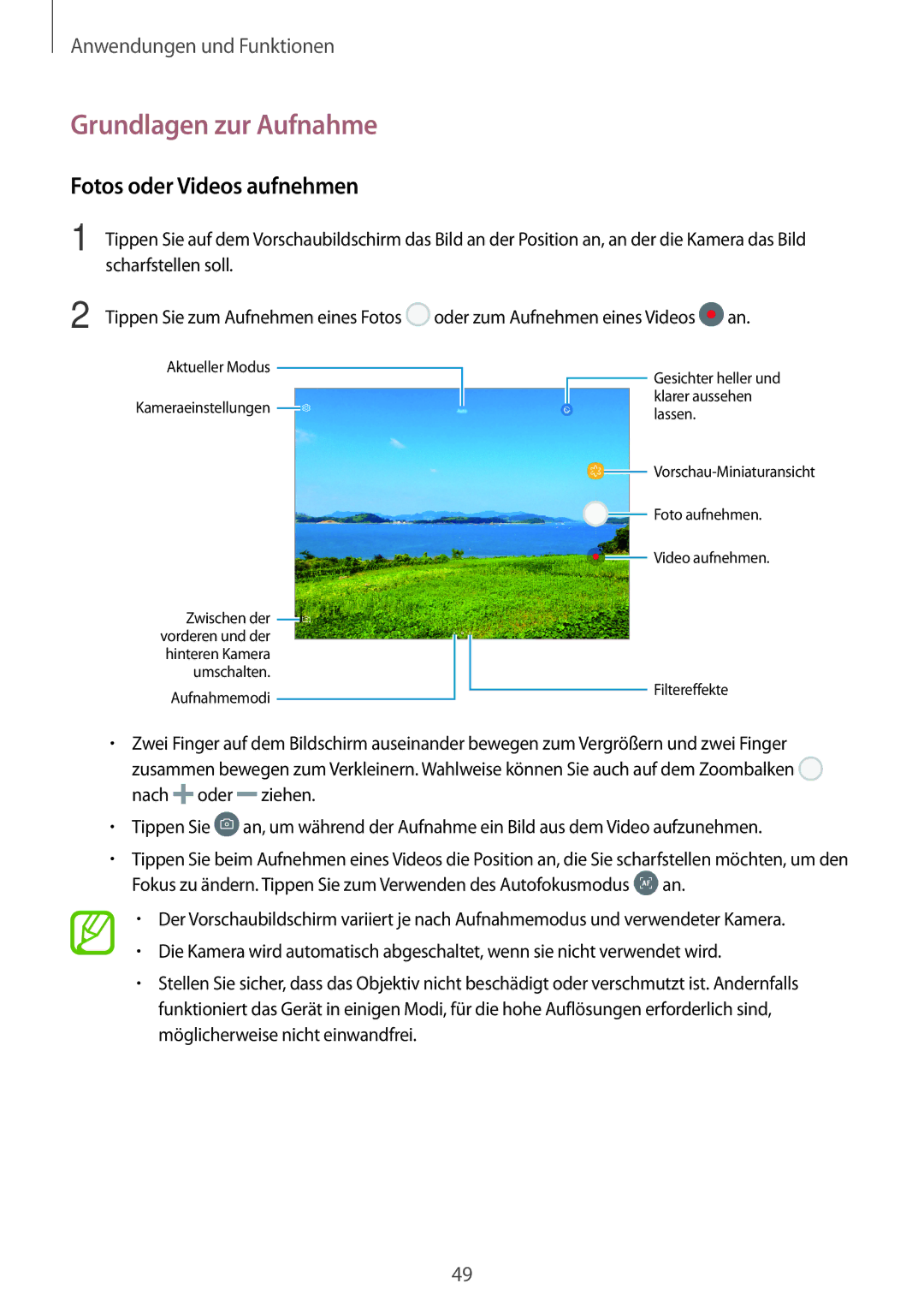 Samsung SM-P550NZAEKOO, SM-P550NZKALUX, SM-P550NZWACHN, SM-P550NZWAXNZ Grundlagen zur Aufnahme, Fotos oder Videos aufnehmen 