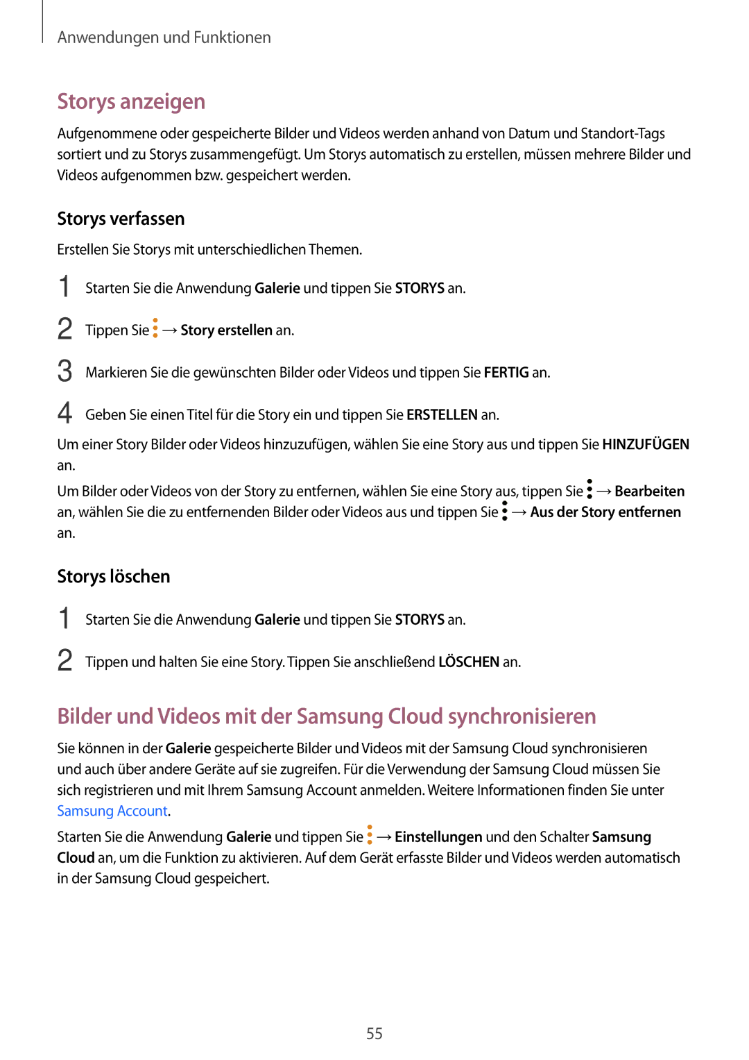 Samsung SM-P550NZKAAUT manual Storys anzeigen, Bilder und Videos mit der Samsung Cloud synchronisieren, Storys verfassen 