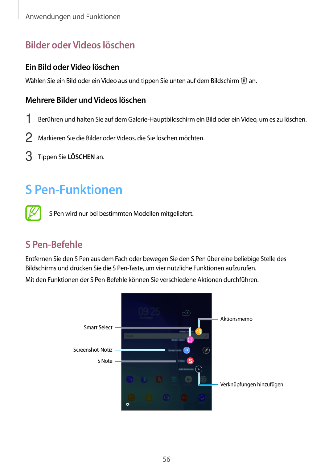 Samsung SM-P550NZAAXSA manual Pen-Funktionen, Bilder oder Videos löschen, Pen-Befehle, Ein Bild oder Video löschen 