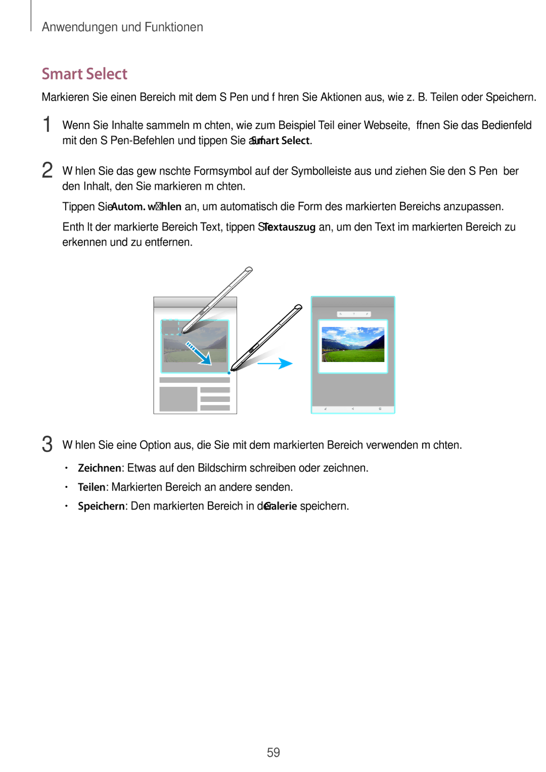 Samsung SM-P550NZKAEUR Mit den S Pen-Befehlen und tippen Sie auf Smart Select, Den Inhalt, den Sie markieren möchten 