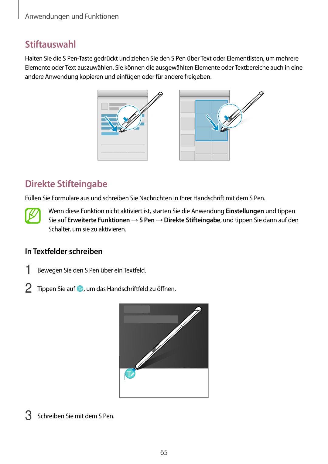 Samsung SM-P550NZAAXAR, SM-P550NZKALUX, SM-P550NZWACHN manual Stiftauswahl, Direkte Stifteingabe, Textfelder schreiben 