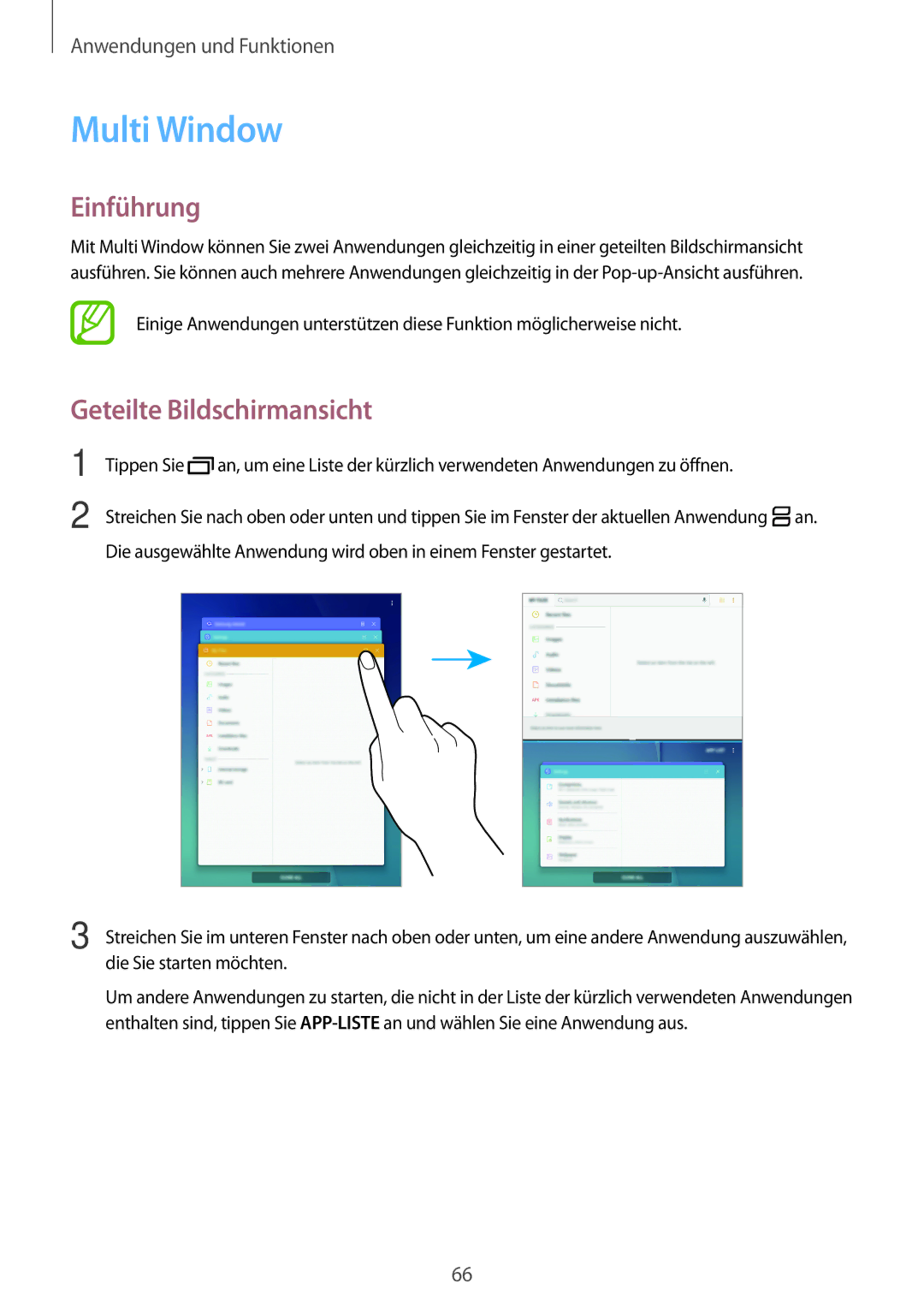 Samsung SM-P550NZWAXEF, SM-P550NZKALUX, SM-P550NZWACHN, SM-P550NZWAXNZ manual Multi Window, Geteilte Bildschirmansicht 