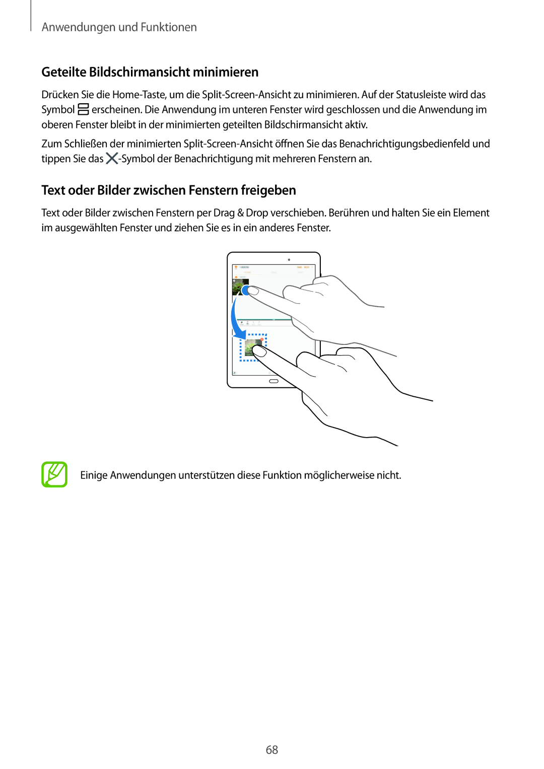 Samsung SM-P550NZKALUX, SM-P550NZWACHN Geteilte Bildschirmansicht minimieren, Text oder Bilder zwischen Fenstern freigeben 