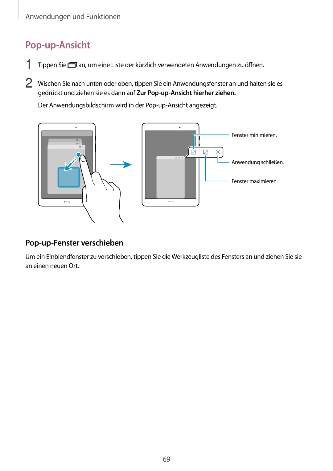 Samsung SM-P550NZWACHN, SM-P550NZKALUX, SM-P550NZWAXNZ, SM-P550NZWATUR manual Pop-up-Ansicht, Pop-up-Fenster verschieben 