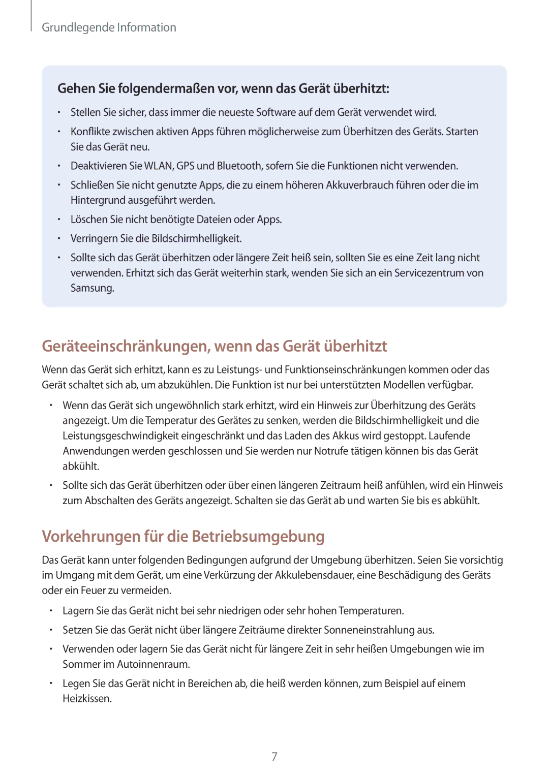 Samsung SM-P550NZWADBT manual Geräteeinschränkungen, wenn das Gerät überhitzt, Vorkehrungen für die Betriebsumgebung 