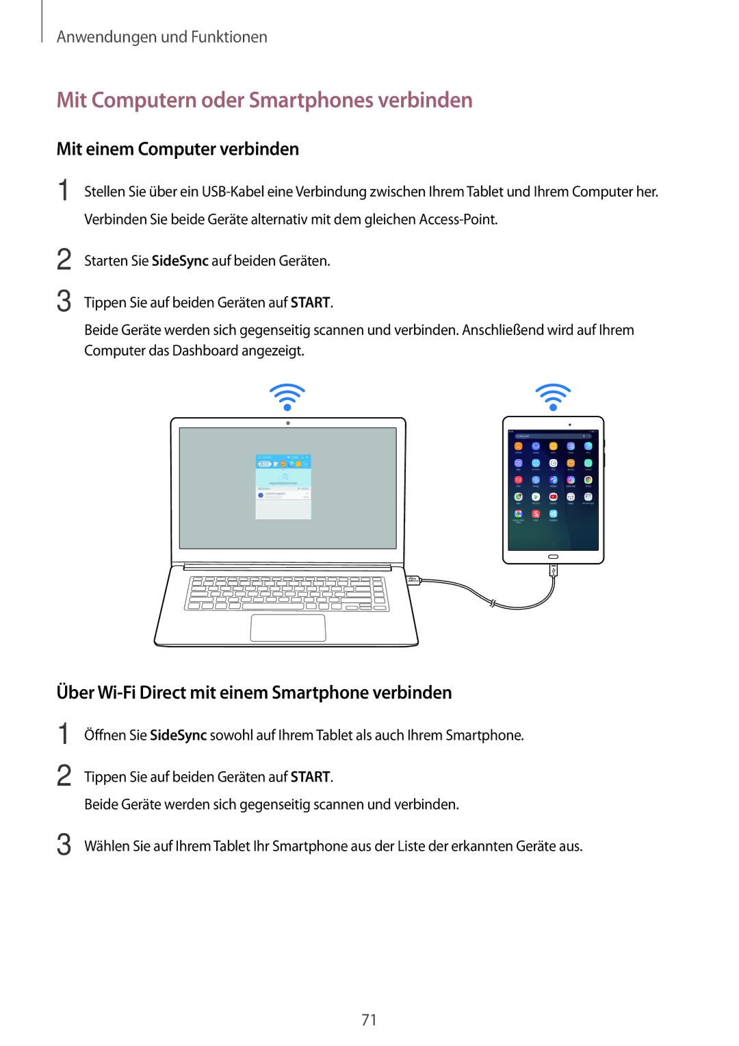 Samsung SM-P550NZWATUR, SM-P550NZKALUX manual Mit Computern oder Smartphones verbinden, Mit einem Computer verbinden 