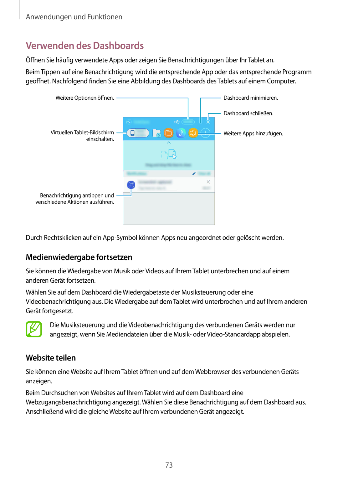 Samsung SM-P550NZKAMID, SM-P550NZKALUX manual Verwenden des Dashboards, Medienwiedergabe fortsetzen, Website teilen 