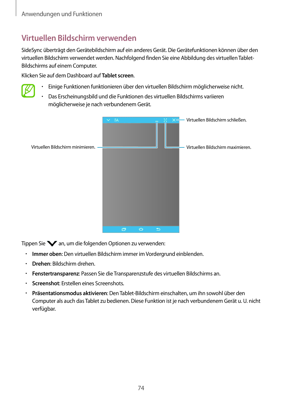 Samsung SM-P550NZKAATO, SM-P550NZKALUX, SM-P550NZWACHN, SM-P550NZWAXNZ, SM-P550NZWATUR manual Virtuellen Bildschirm verwenden 